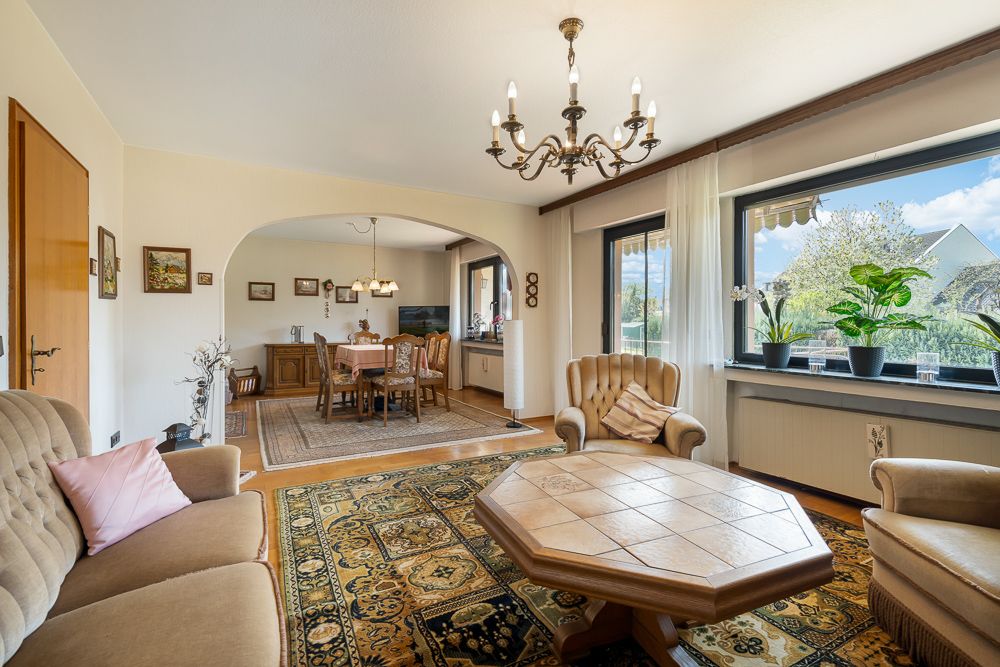 Wohnzimmer mit Sofas, Sessel, großem Teppich, Holztisch und Blick auf Esszimmer, große Fenster mit Pflanzen.