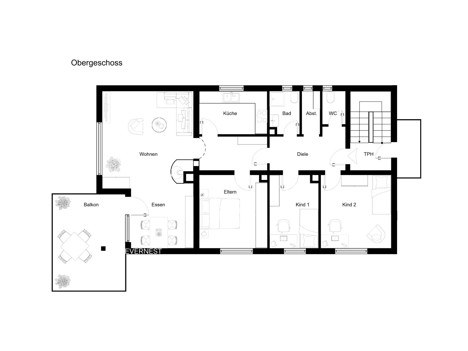 Grundriss einer Wohnung mit Balkon, Wohnzimmer, Küche, Bad, WC, zwei Kinderzimmern und Schlafzimmer.