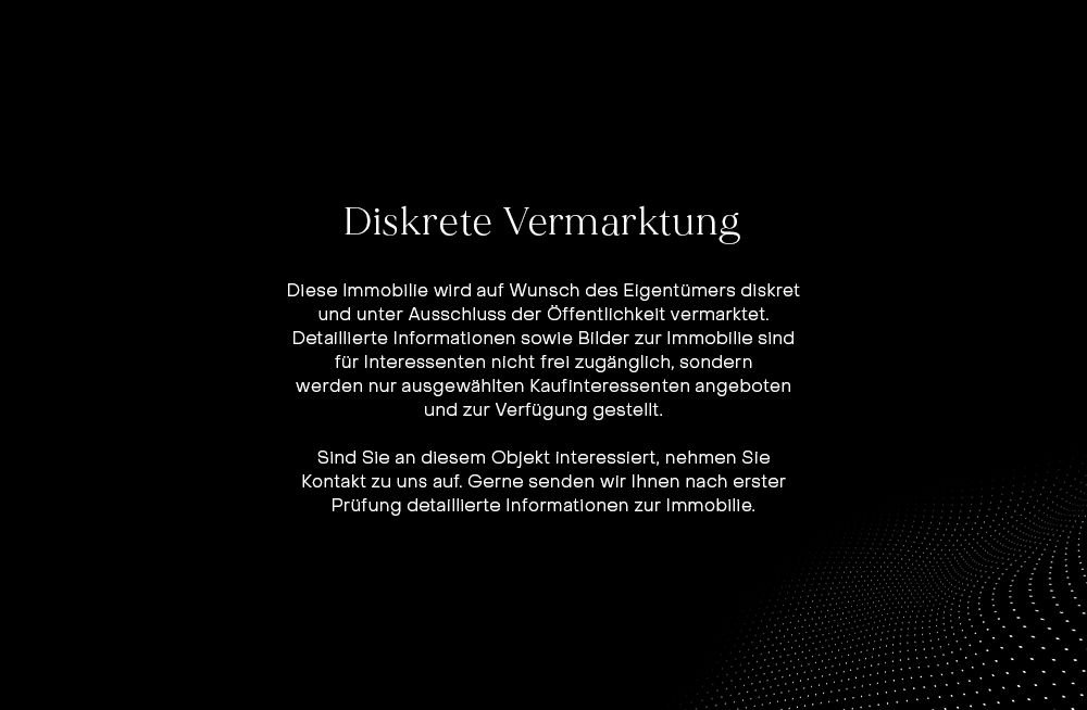 Schwarzer Hintergrund mit weißem Text über diskrete Vermarktung einer Immobilie.