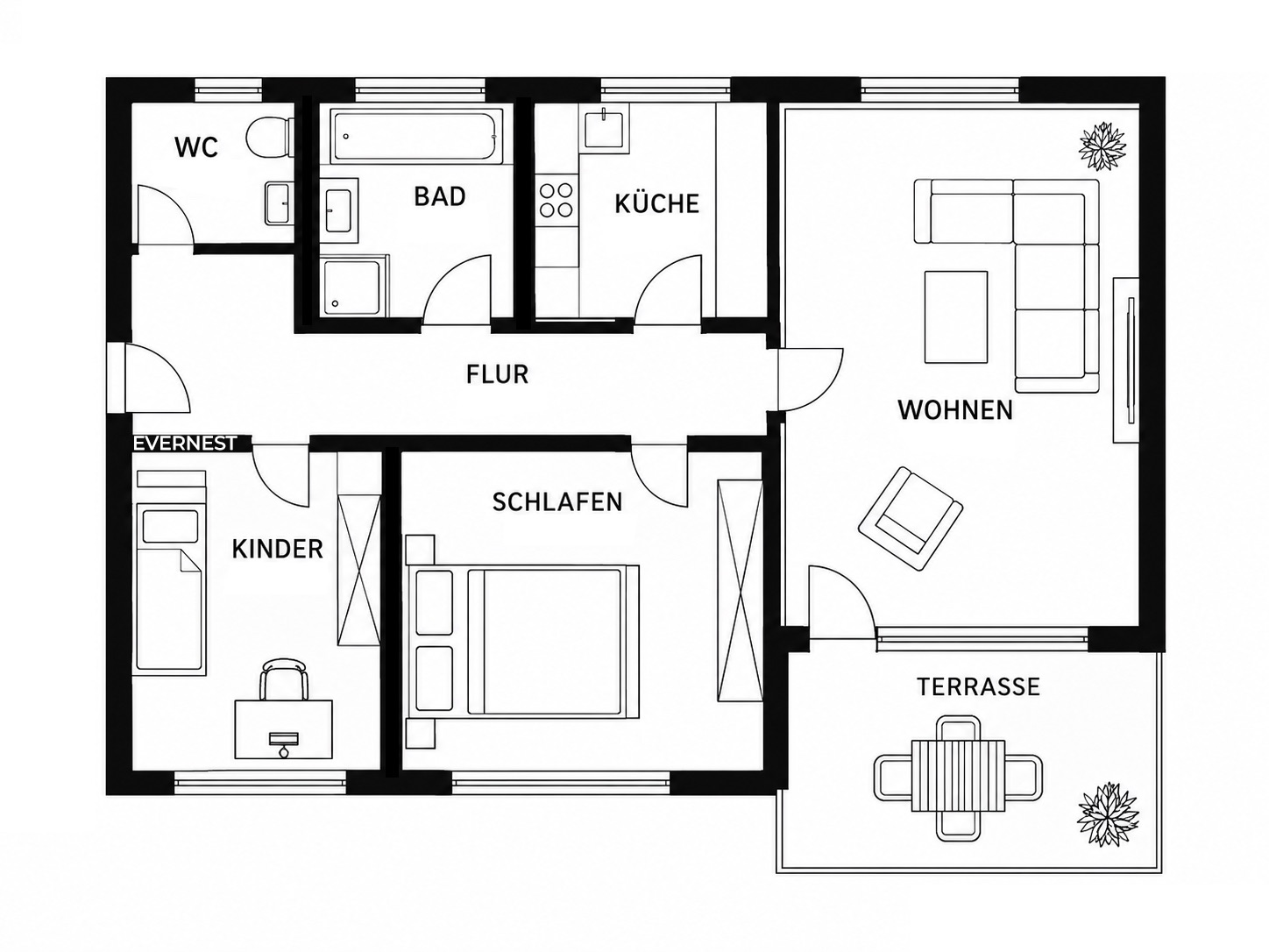 Grundriss einer Wohnung mit Schlafzimmer, Kinderzimmer, Bad, Küche, Wohnzimmer und Terrasse.