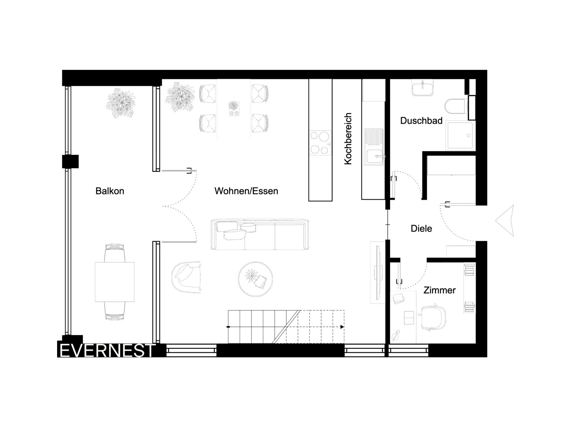 Grundriss mit Balkon, Wohn-Essbereich, Kochbereich, Duschbad, Diele und Zimmer.