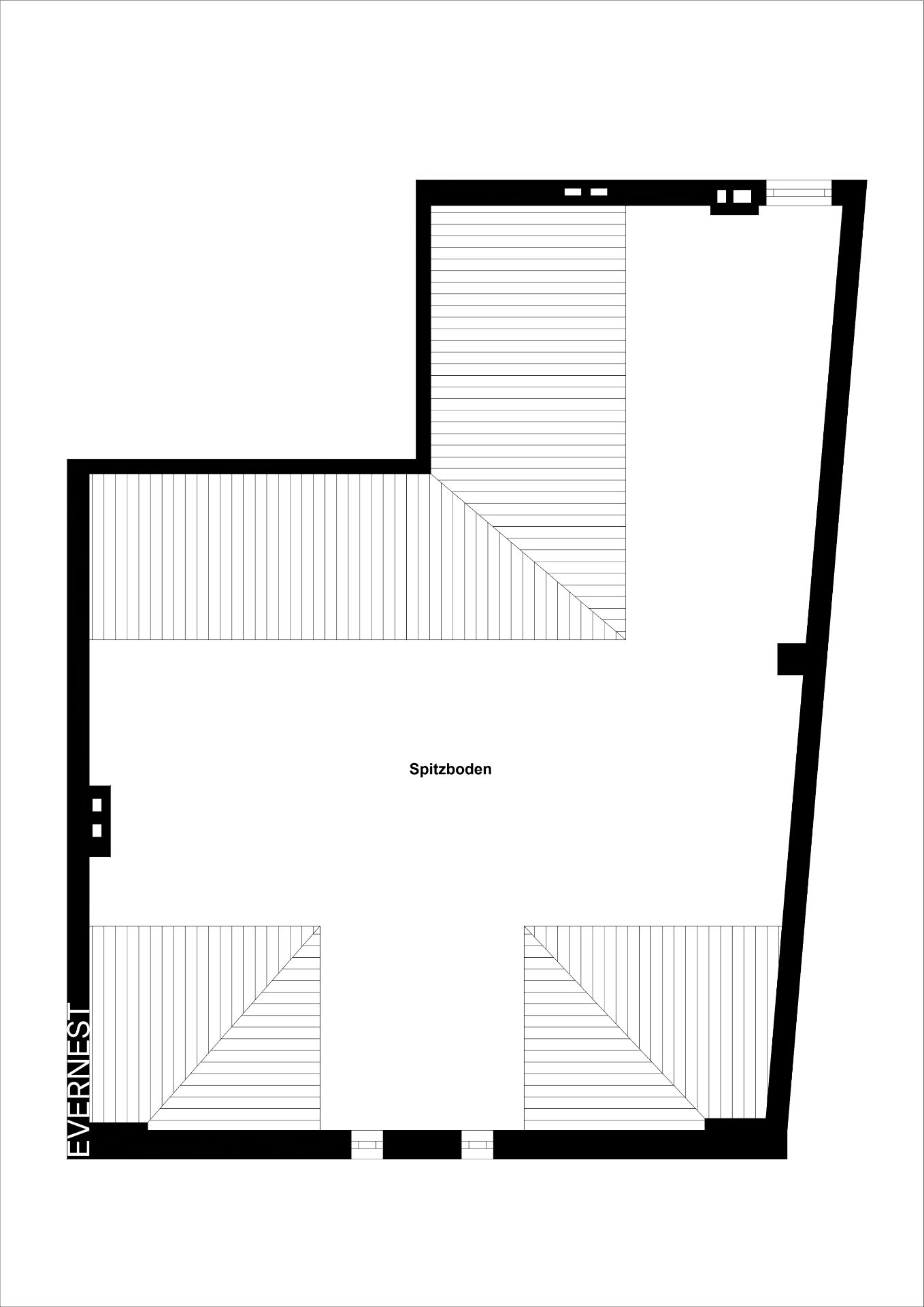 Grundriss eines Dachgeschosses mit markierten Dachschrägen und leeren Flächen.