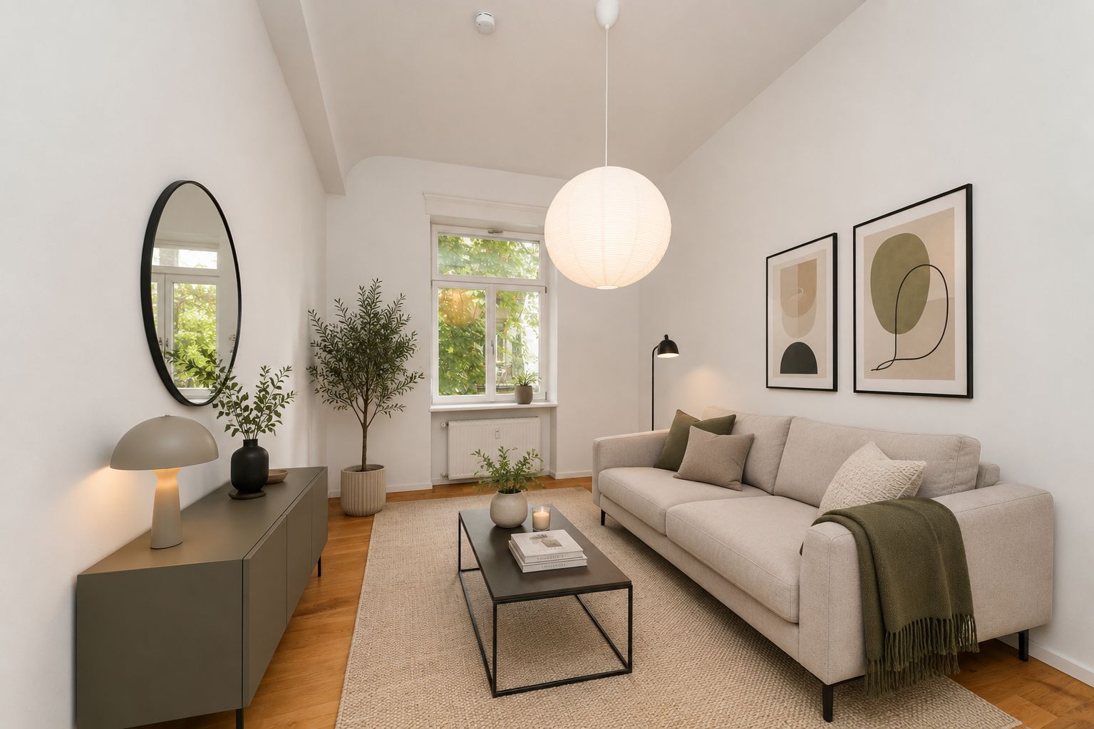 Helles Wohnzimmer mit Sofa, Couchtisch, Kommode, Pflanze und großem Fenster.