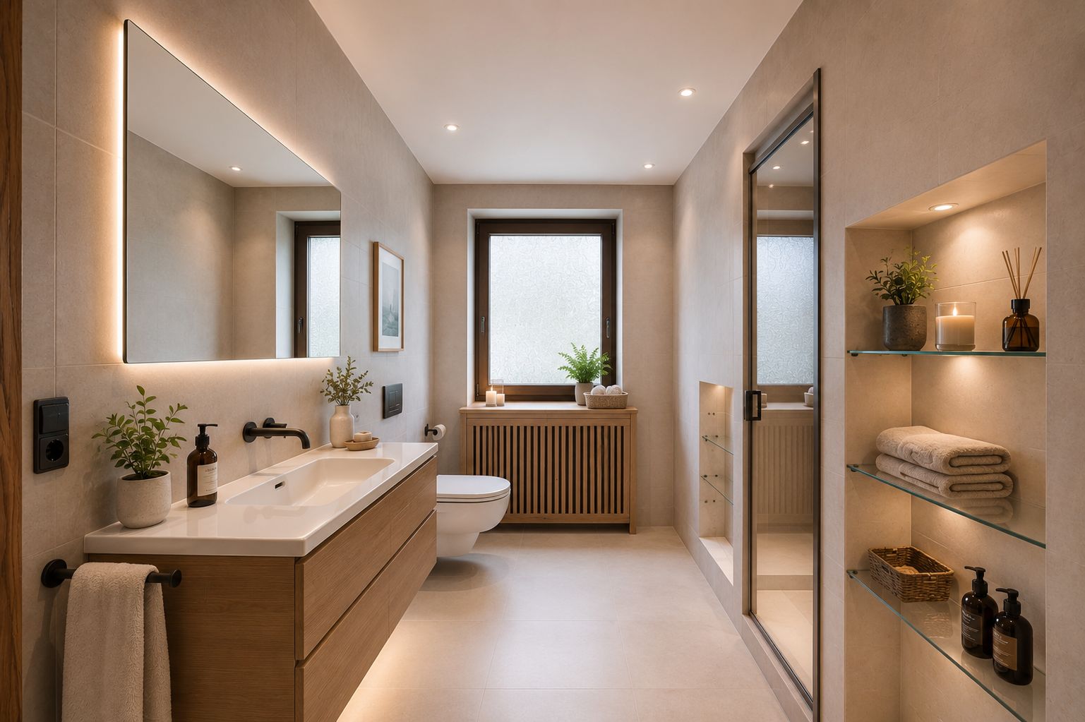 Modernes Badezimmer mit großem Spiegel, Dusche, Regalen und Pflanzen.