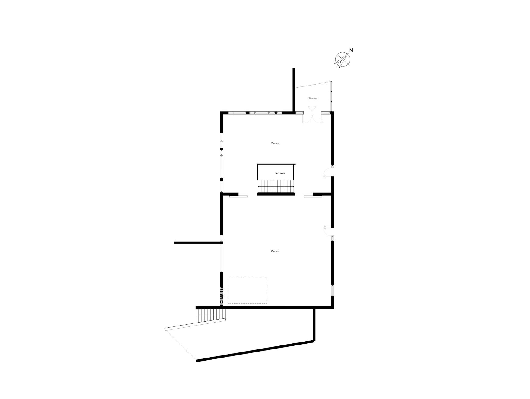 Schwarz-weißer Grundriss eines Wohnhauses mit mehreren Zimmern, Flur und Treppenhaus.