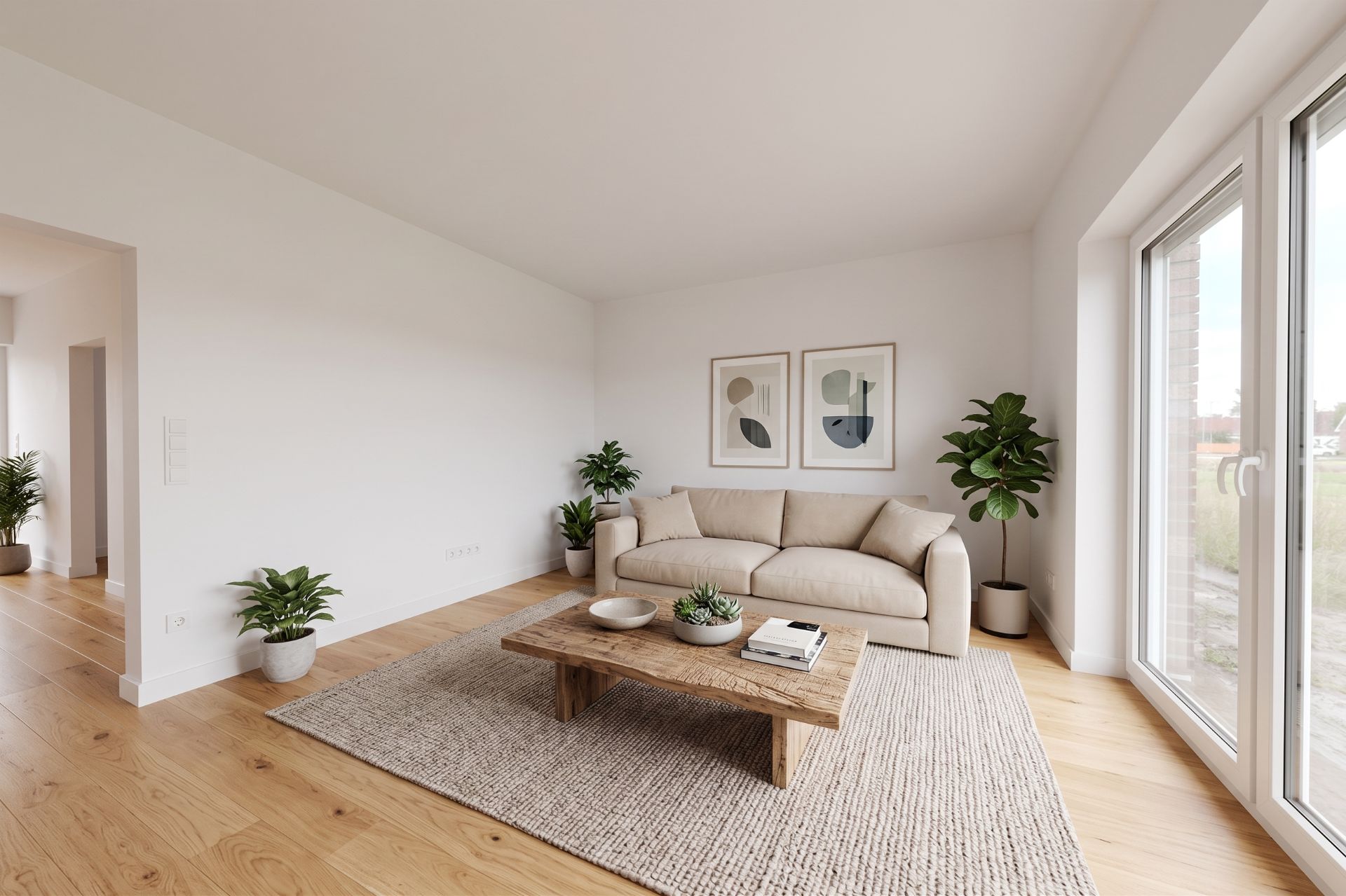 Helles Wohnzimmer mit Sofa, Holztisch, Teppich, Pflanzen und großen Fenstern.