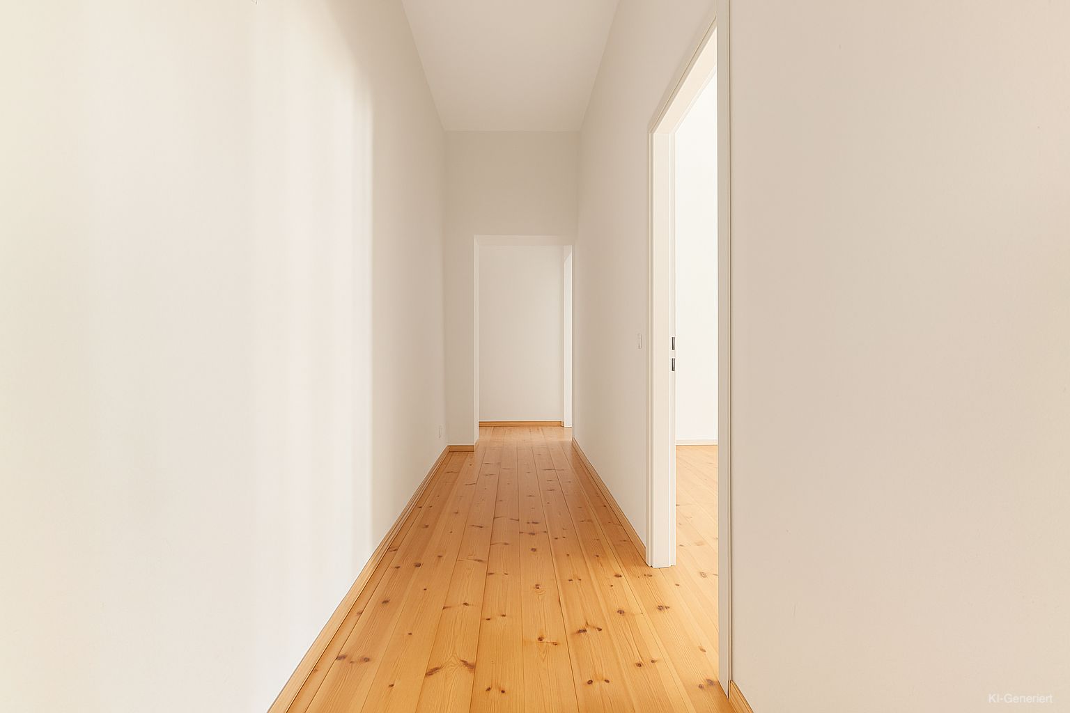 Heller Flur mit Holzboden und weißen Wänden, Türen führen zu angrenzenden Räumen.