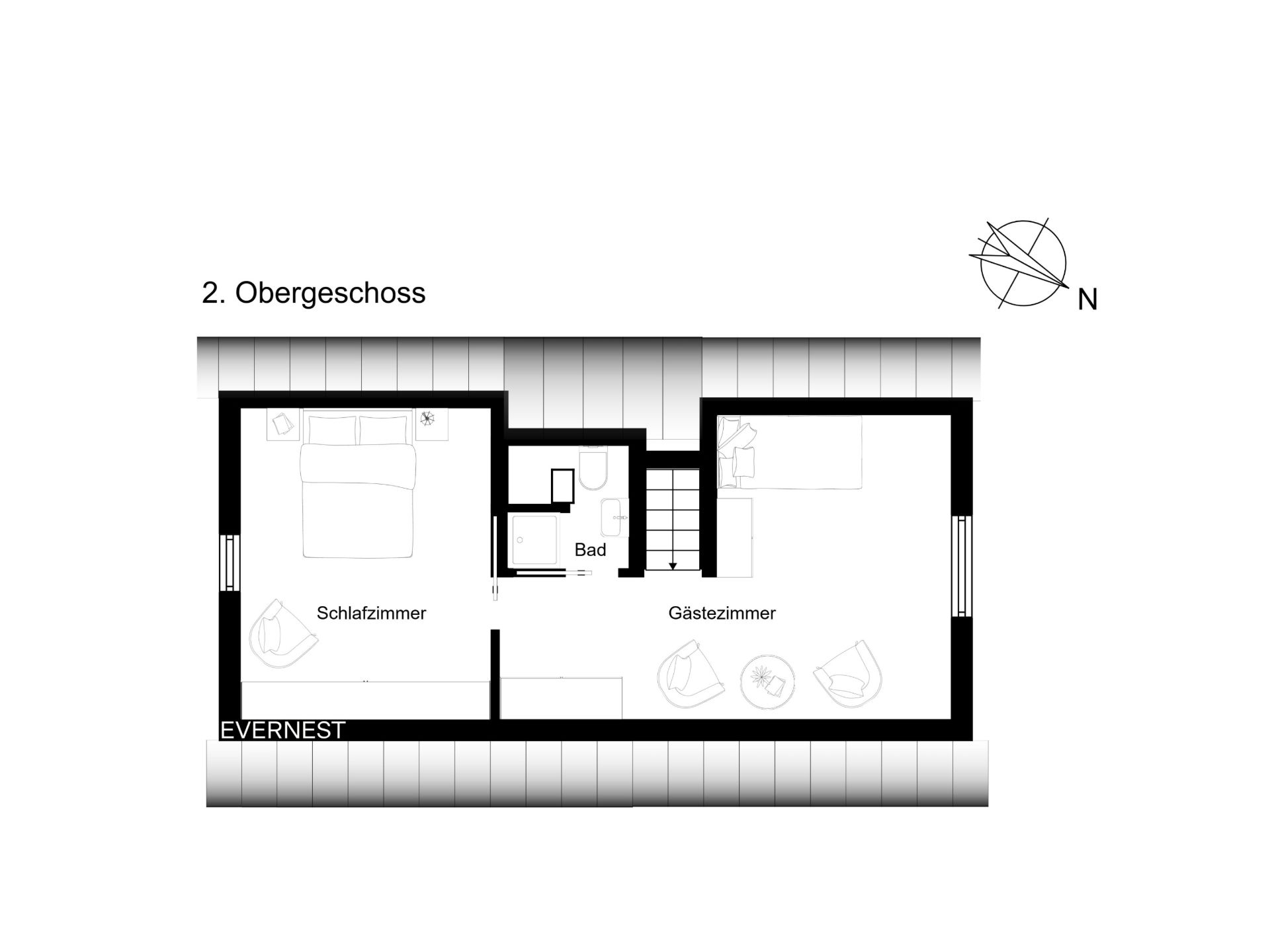 Grundriss des 2. Obergeschosses mit Schlafzimmer, Gästezimmer und Bad.