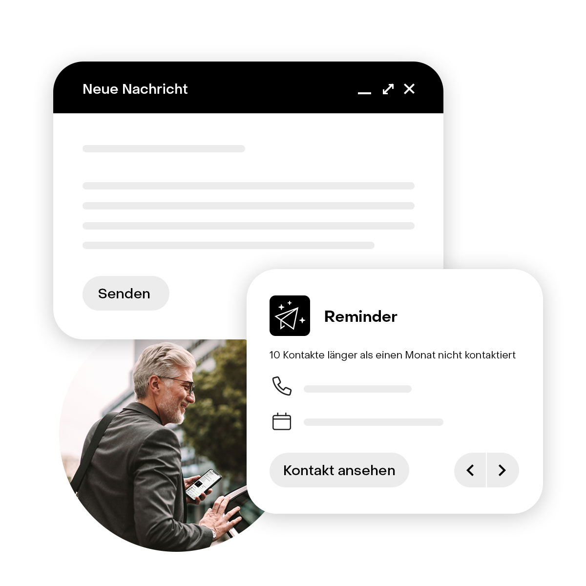 Mann im Anzug mit Smartphone, daneben digitale Benachrichtigungen auf Deutsch.