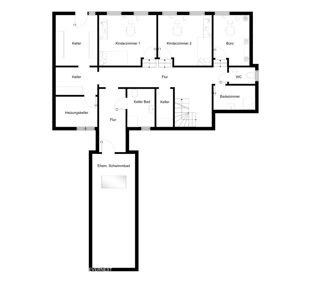 Grundriss eines Kellers mit Kinderzimmern, Büro, Bad, Heizungsraum und ehemaligem Schwimmbad.