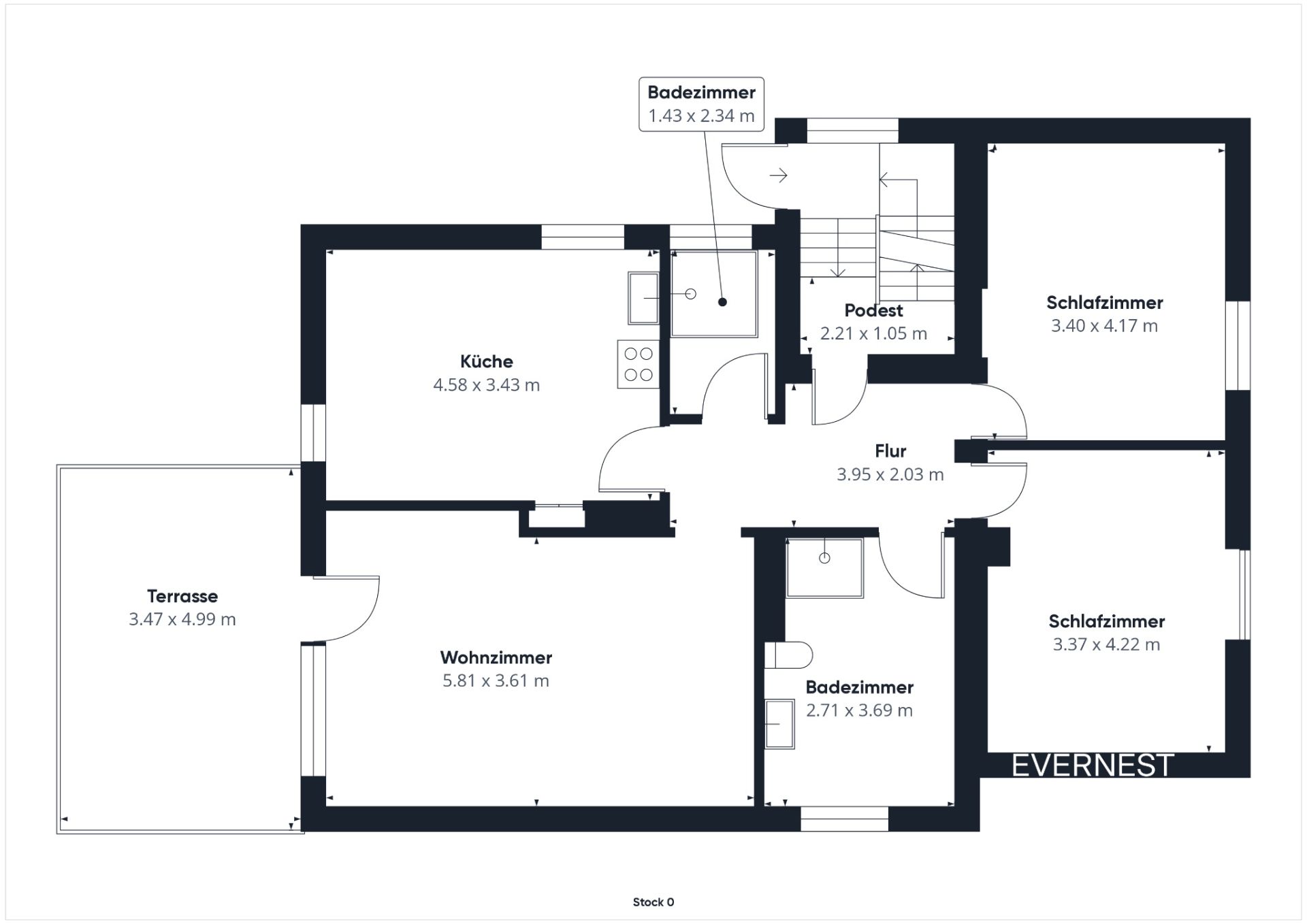 Grundriss mit Wohnzimmer, Küche, zwei Schlafzimmern, zwei Bädern, Flur und Terrasse.