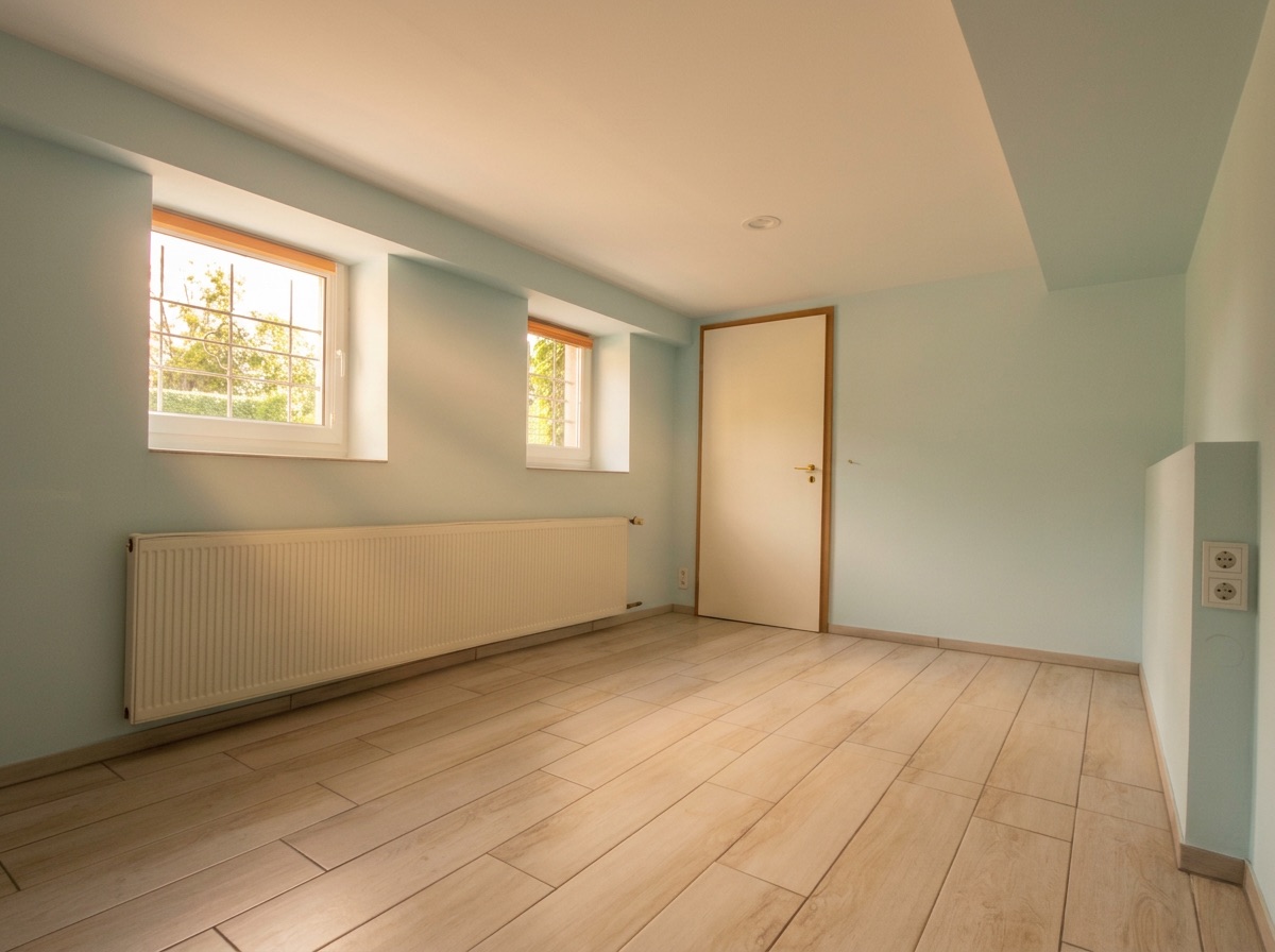 Helles, leeres Zimmer mit zwei Fenstern, Tür und hellen Fliesenboden.