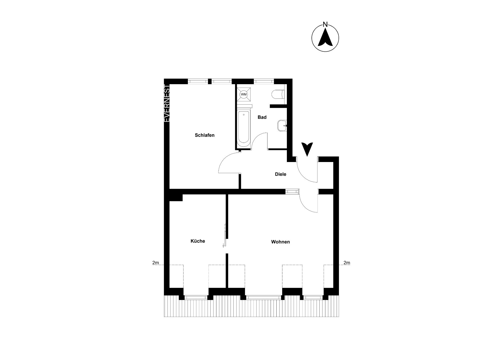 Grundriss einer Wohnung mit Küche, Wohnzimmer, Schlafzimmer, Bad und Diele.
