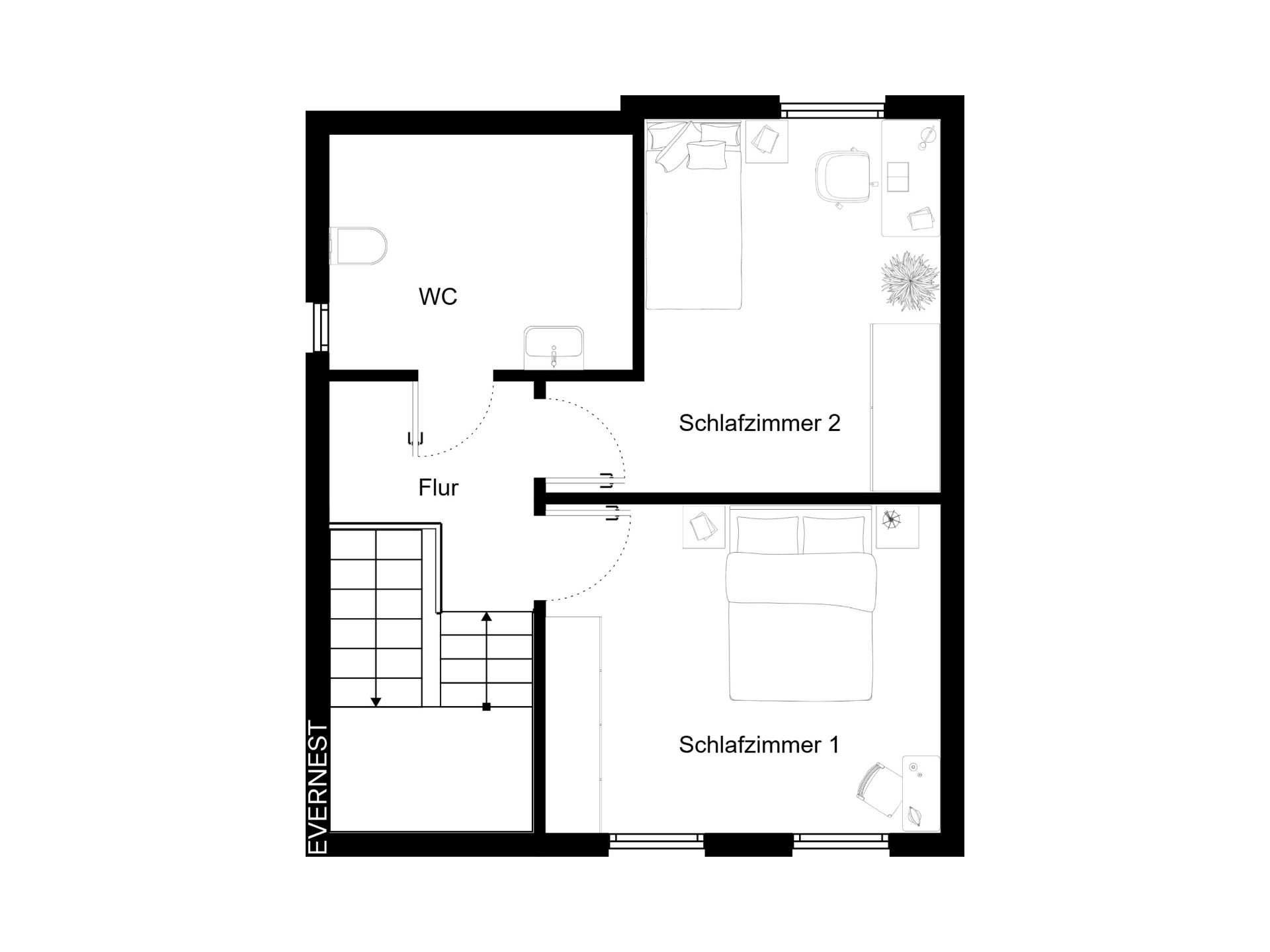 Grundriss mit zwei Schlafzimmern, WC, Flur und Treppe.