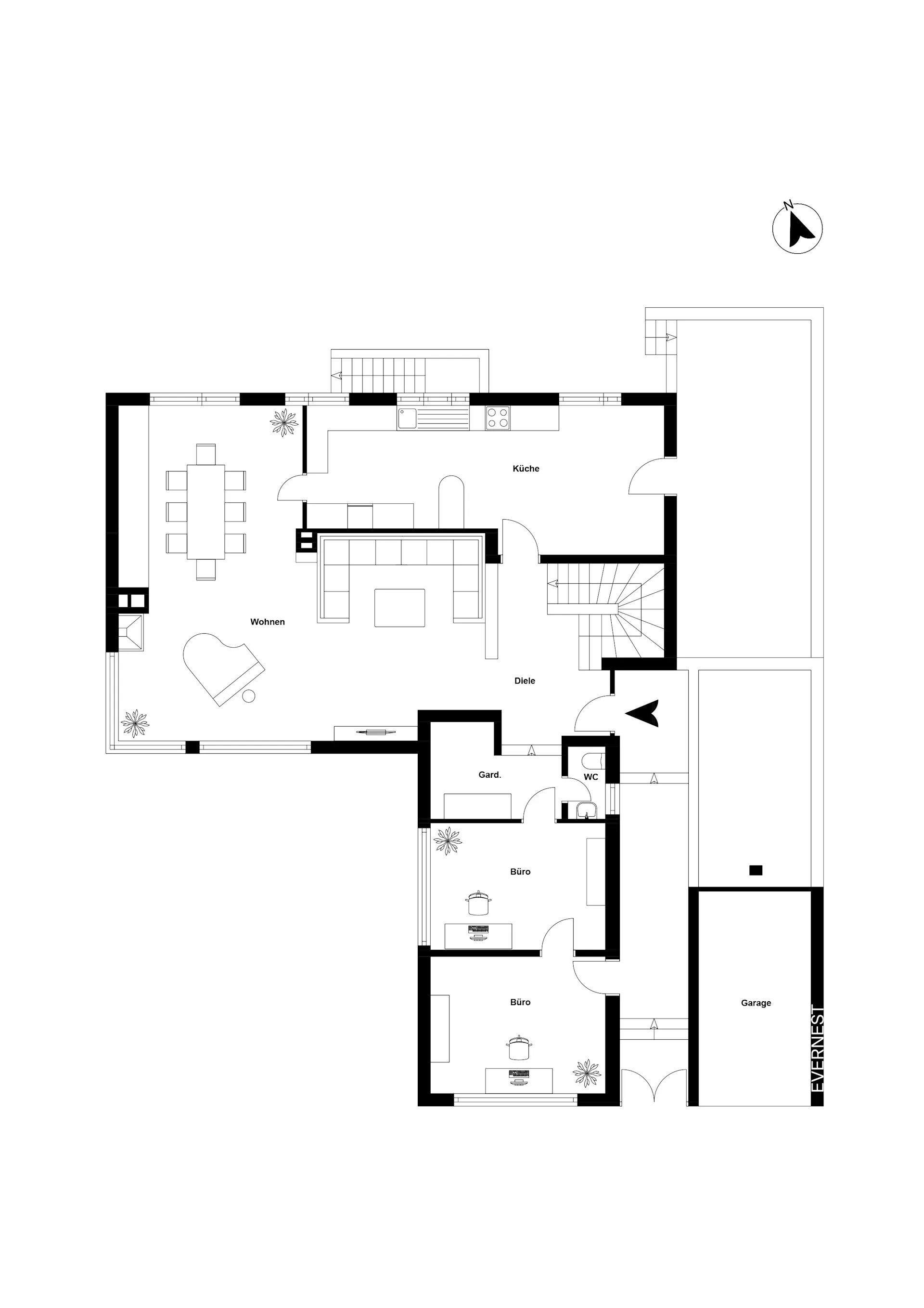 Grundriss eines Wohnhauses mit Garage, Küche, Wohnzimmer, WC und zwei Büros.