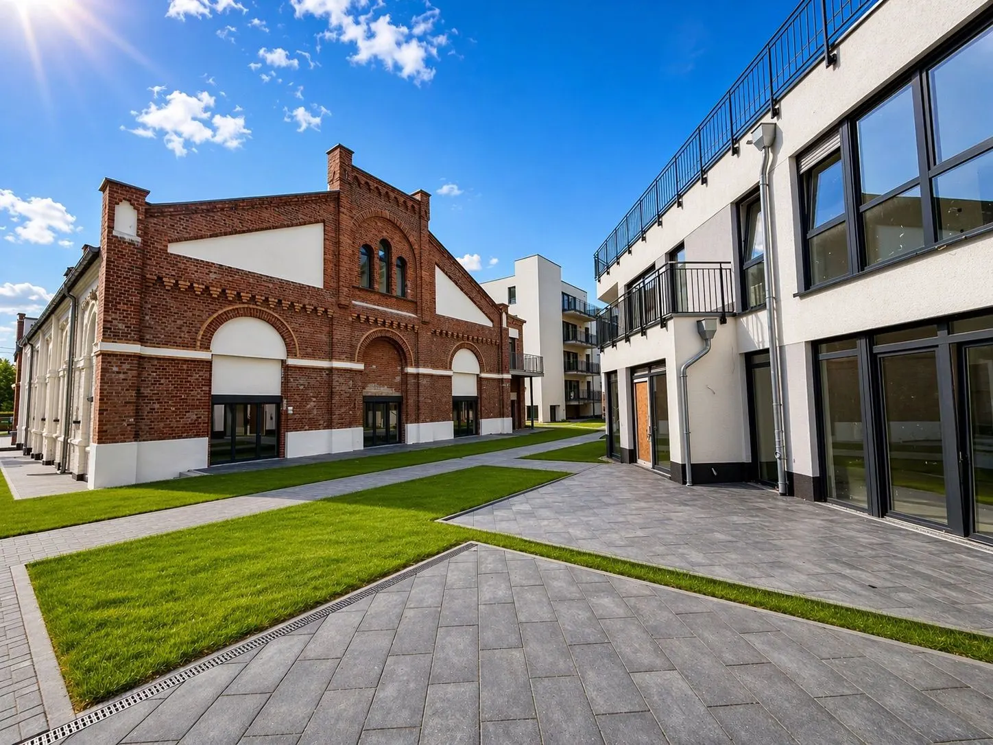 Moderne Wohngebäude mit großem Ziegelbau und gepflegtem Rasen bei Sonnenschein.