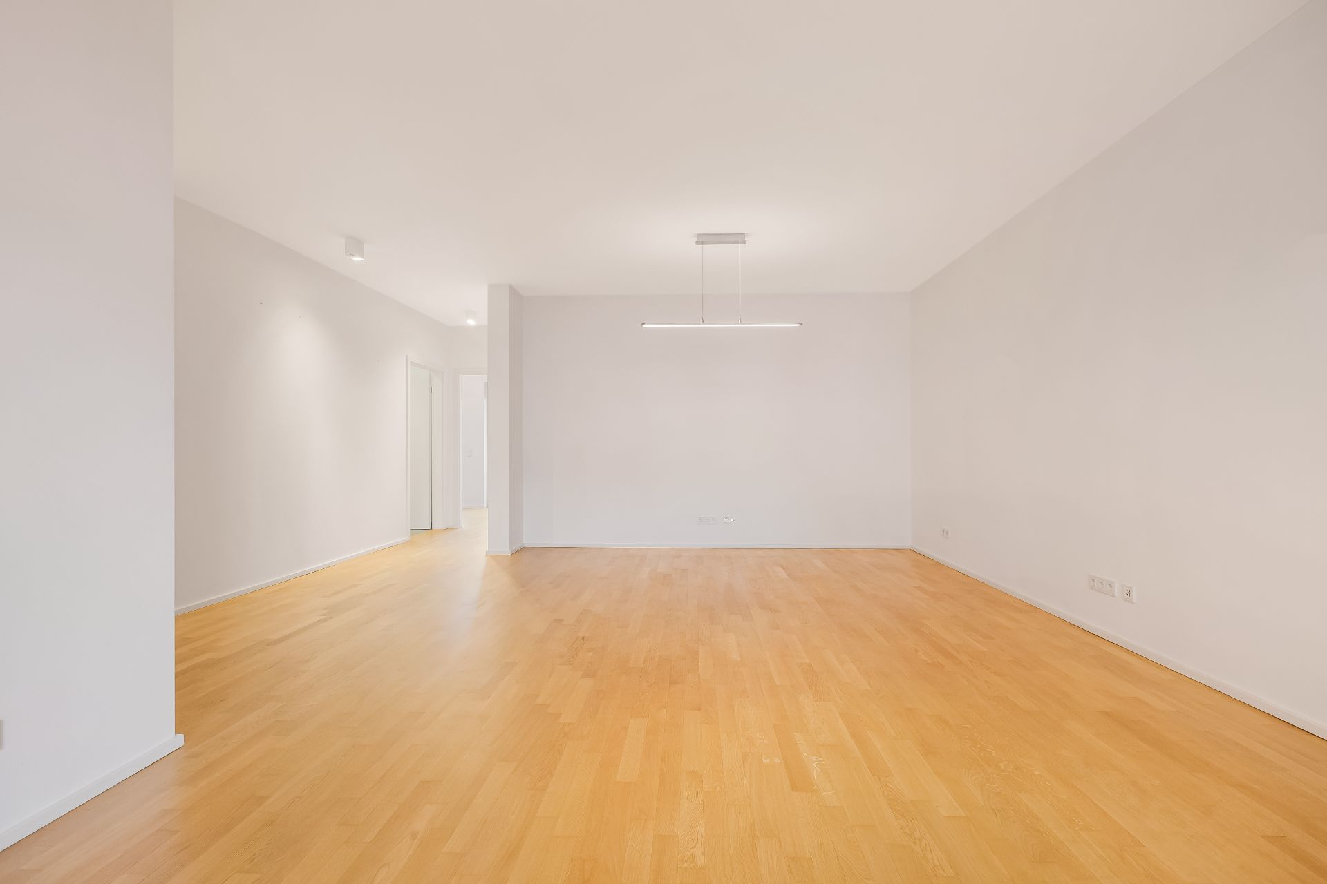 Leerer Raum mit hellem Holzfußboden, weißen Wänden und Deckenleuchte.