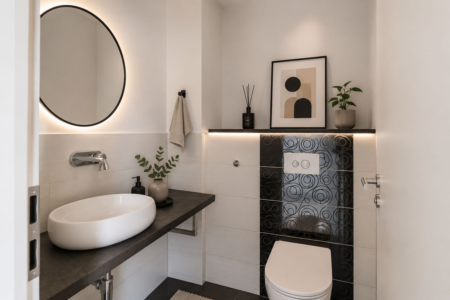 Modernes Badezimmer mit rundem Spiegel, Waschbecken, WC und Dekoration auf einer Ablage.
