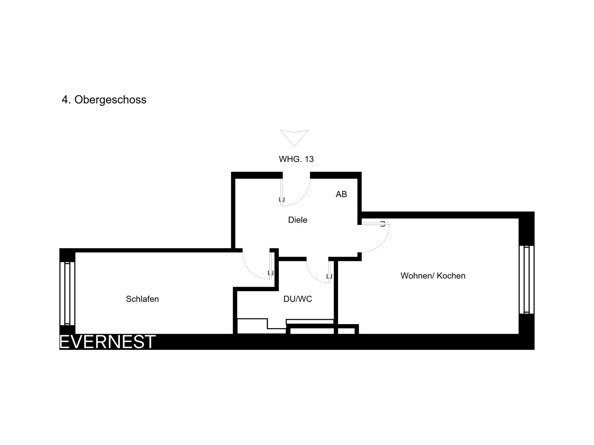 Grundriss einer Wohnung mit Schlafzimmer, Bad, Abstellraum und Wohnküche.