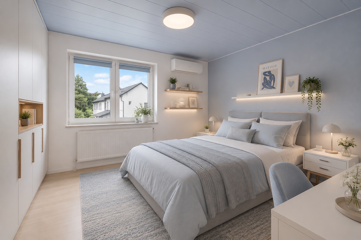 Modernes Schlafzimmer mit Doppelbett, Schreibtisch, großem Fenster und hellen Möbeln.