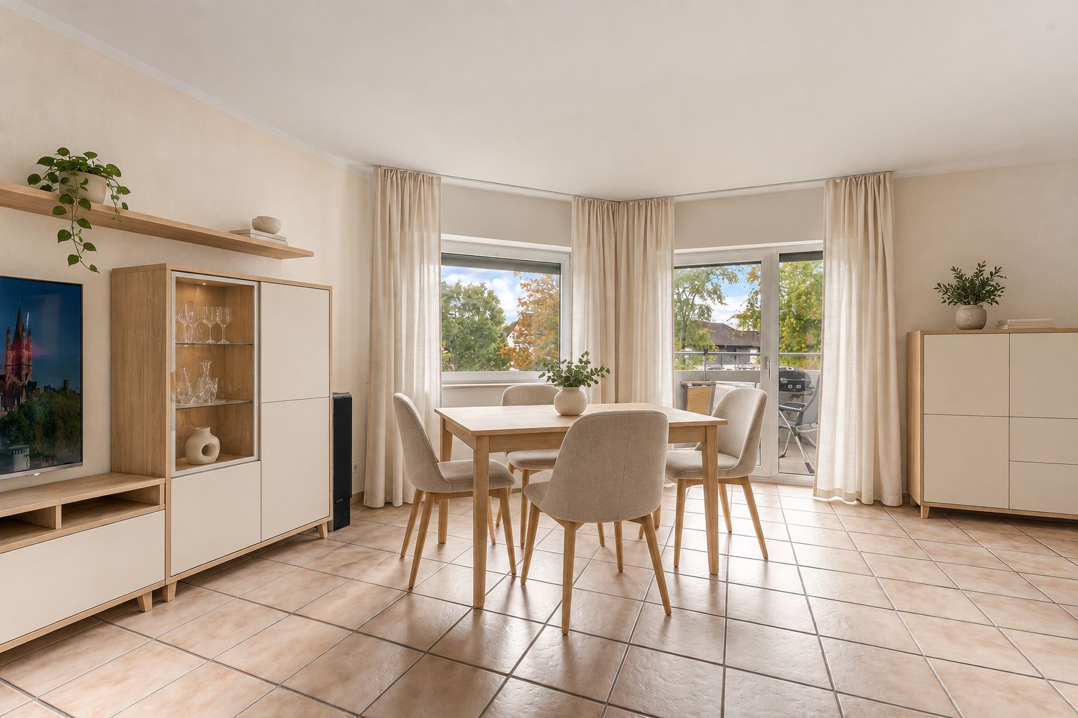 Helles Esszimmer mit Holztisch, vier Stühlen, Sideboards und großen Fenstern mit Blick ins Grüne.