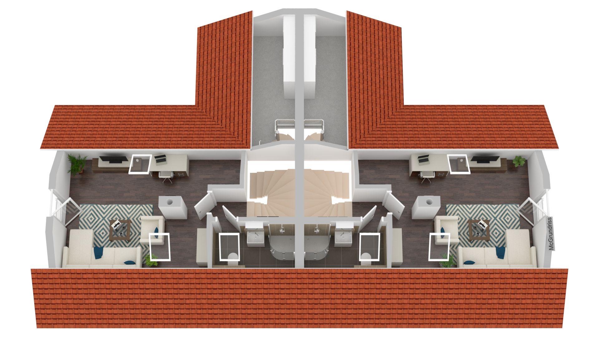 3D-Grundriss eines Dachgeschosses mit zwei identischen Wohnungen und sichtbaren Wohnzimmern und Schreibtischen.