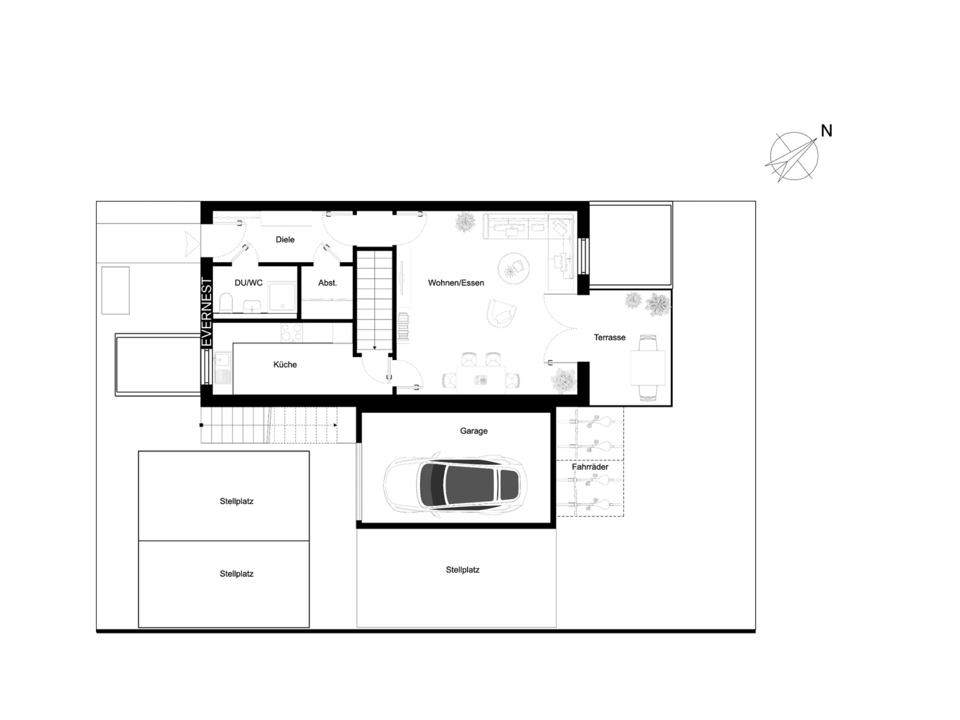 Grundriss eines Hauses mit Garage, Stellplätzen, Küche, Wohnbereich und Terrasse.