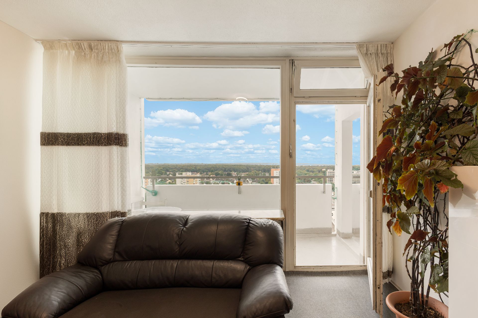 Wohnzimmer mit schwarzem Ledersofa, Topfpflanze und Balkon mit Ausblick auf die Stadt.