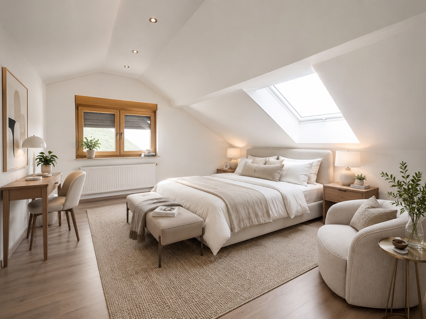 Helles Schlafzimmer mit Doppelbett, Schreibtisch, Sessel und Dachfenster.
