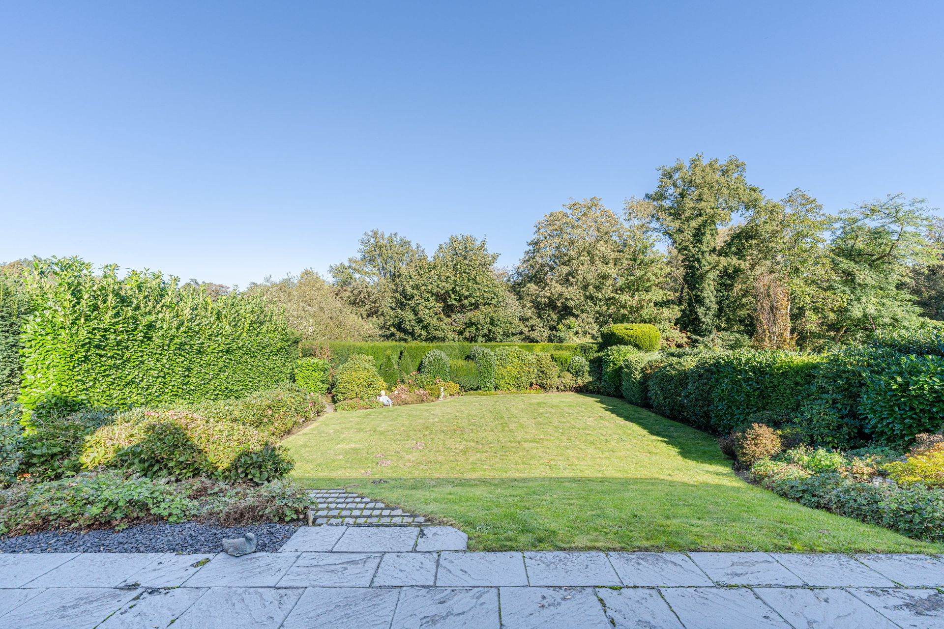 Gepflegter Garten mit Rasenfläche, Sträuchern und Steinplatten-Terrasse bei klarem Himmel.