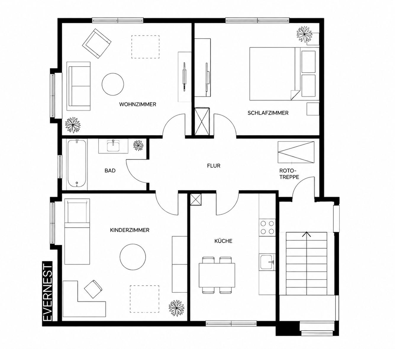 Grundriss einer Wohnung mit Wohnzimmer, Schlafzimmer, Kinderzimmer, Bad, Küche und Flur.