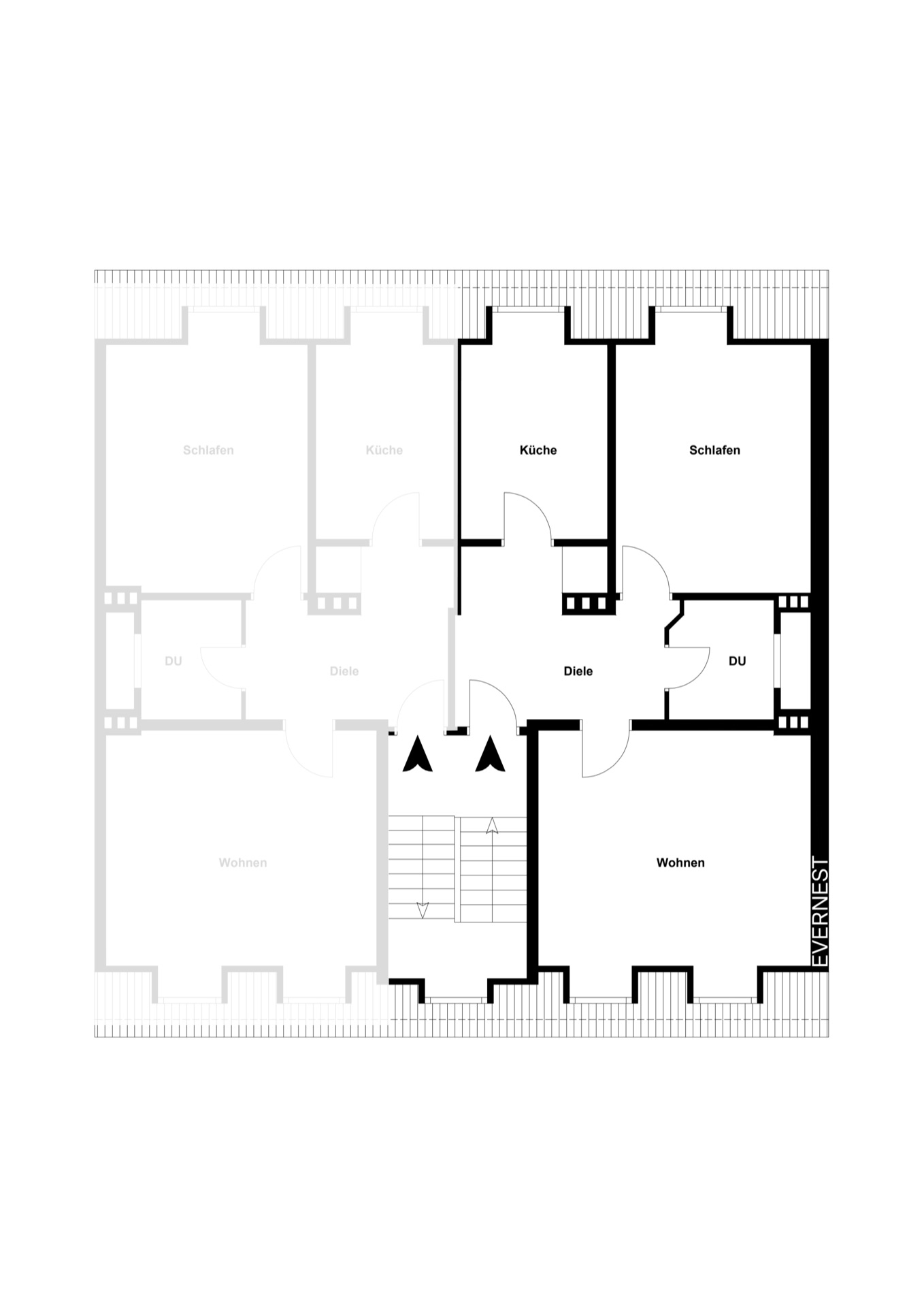 Grundriss einer Wohnung mit Küche, Schlafen, Wohnen, Diele und DU markiert.