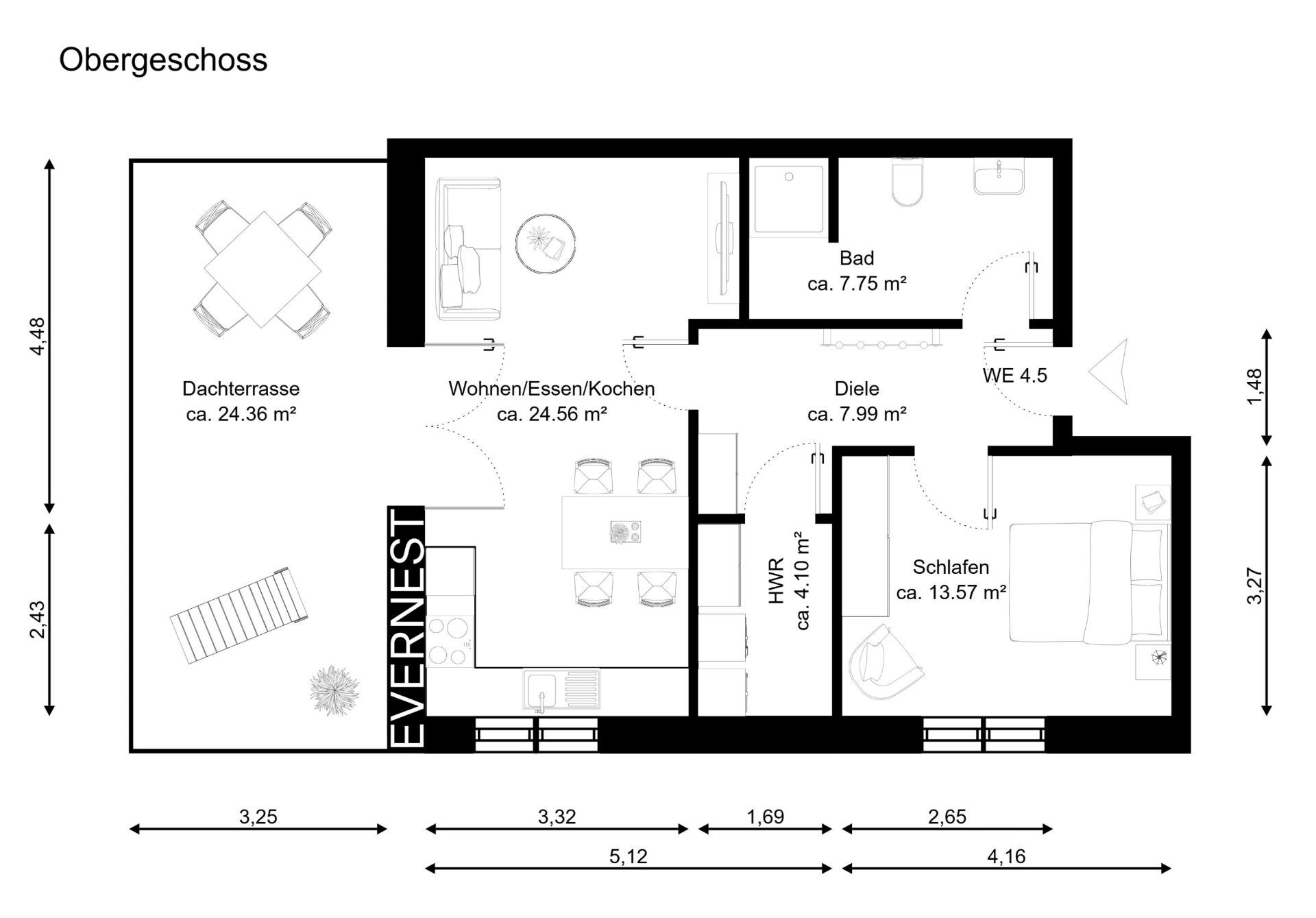 Grundriss eines Obergeschosses mit Dachterrasse, Wohnbereich, Küche, Bad, Flur und Schlafzimmer.