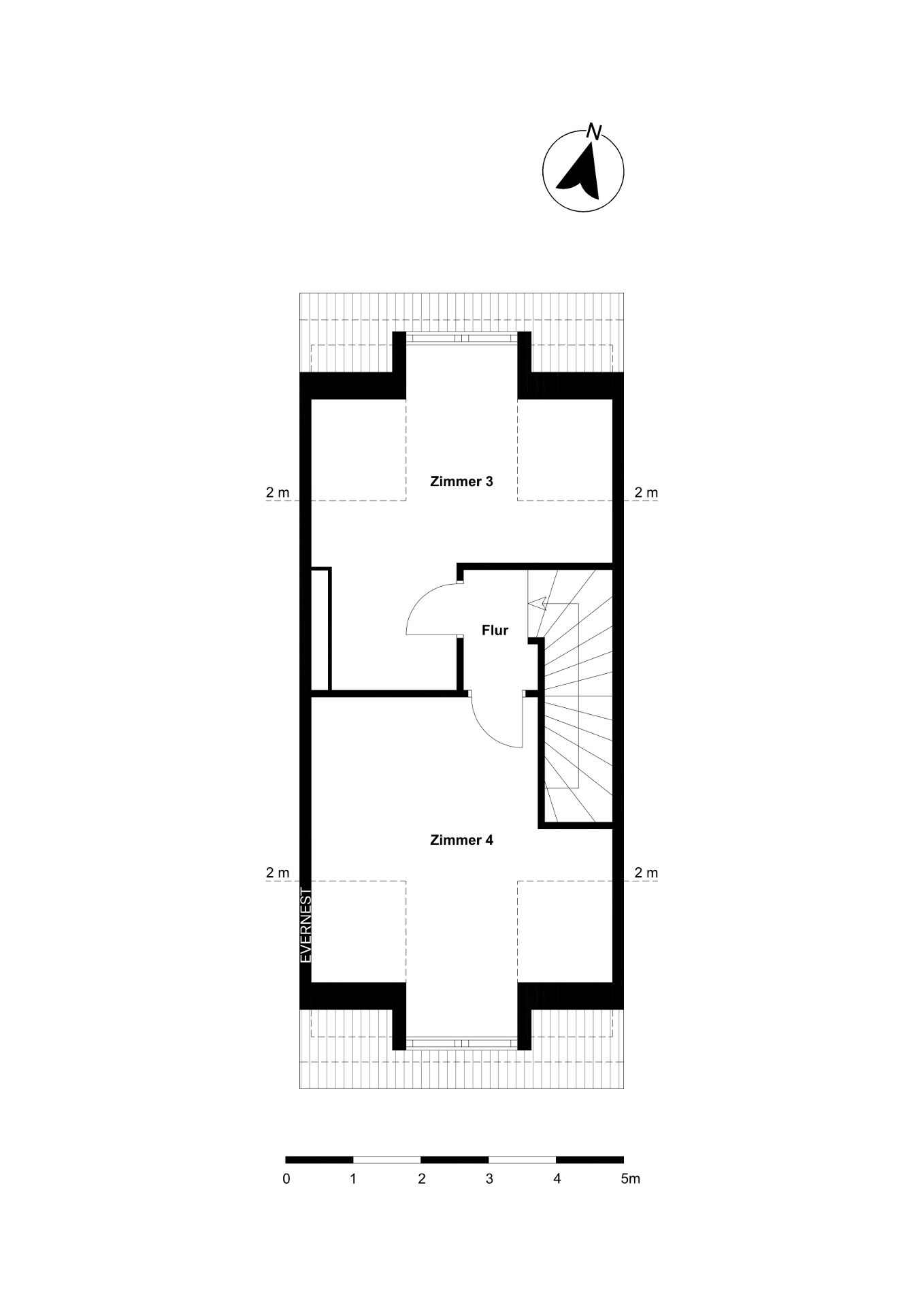 Grundriss mit zwei Zimmern, Flur und Treppe. Zimmer 3 oben, Zimmer 4 unten.