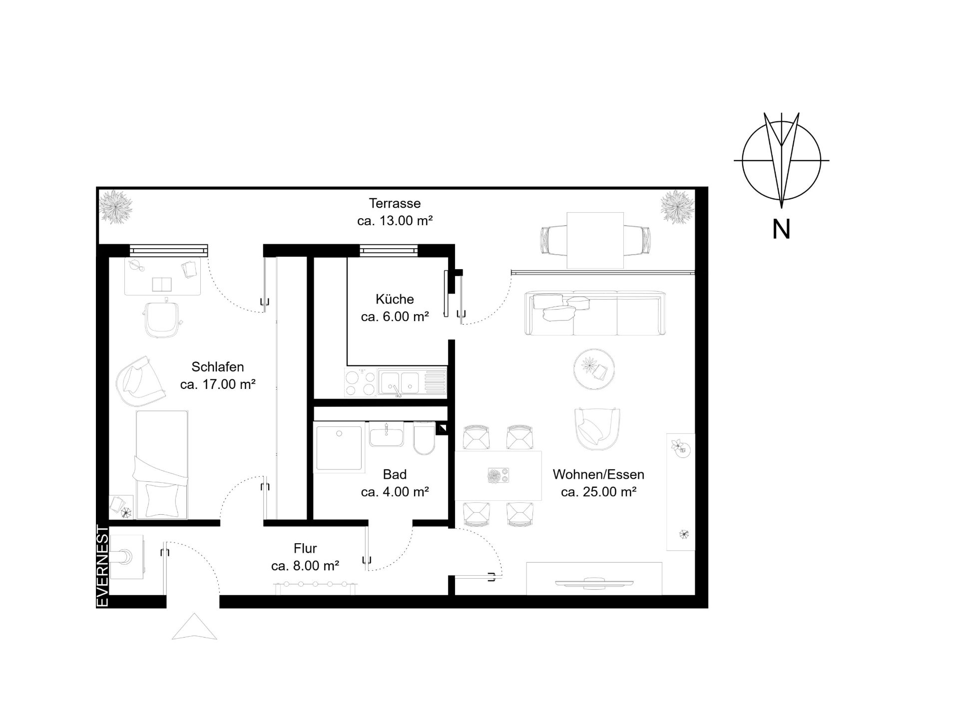 Grundriss einer Wohnung mit Schlafzimmer, Bad, Flur, Küche, Wohn-/Essbereich und Terrasse.