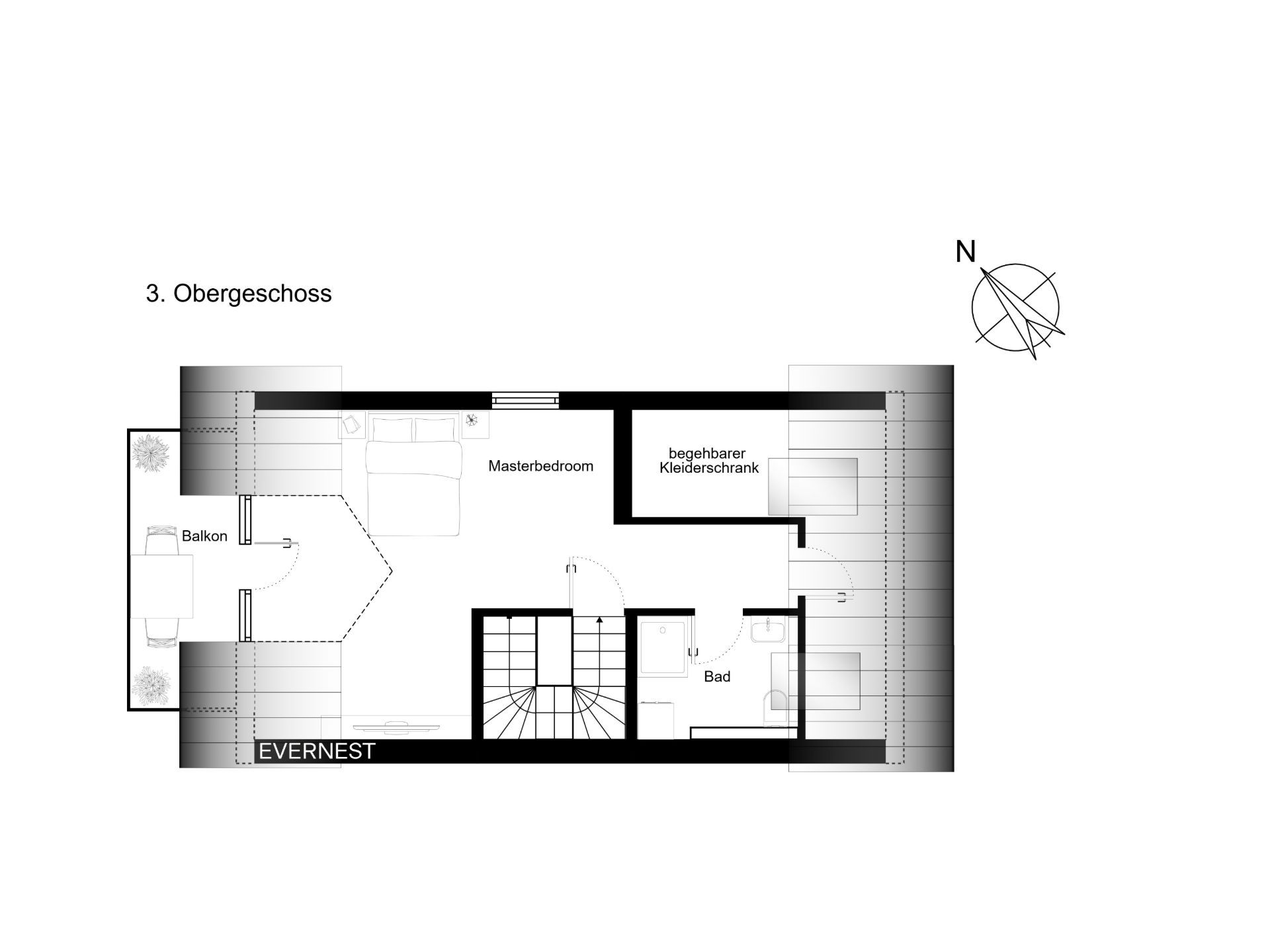 Grundriss des 3. Obergeschosses mit Schlafzimmer, Bad, begehbarem Kleiderschrank und Balkonen.
