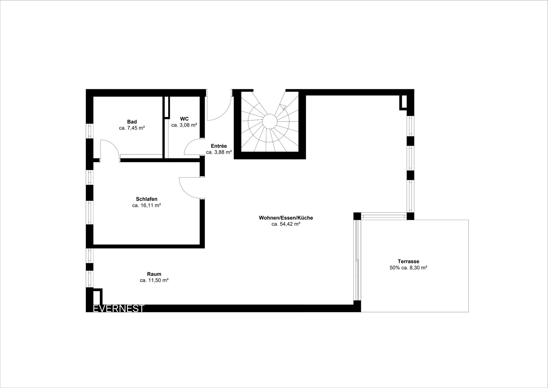 Grundriss einer Wohnung mit Schlafzimmer, Bad, WC, Wohnzimmer/Küche und Terrasse.