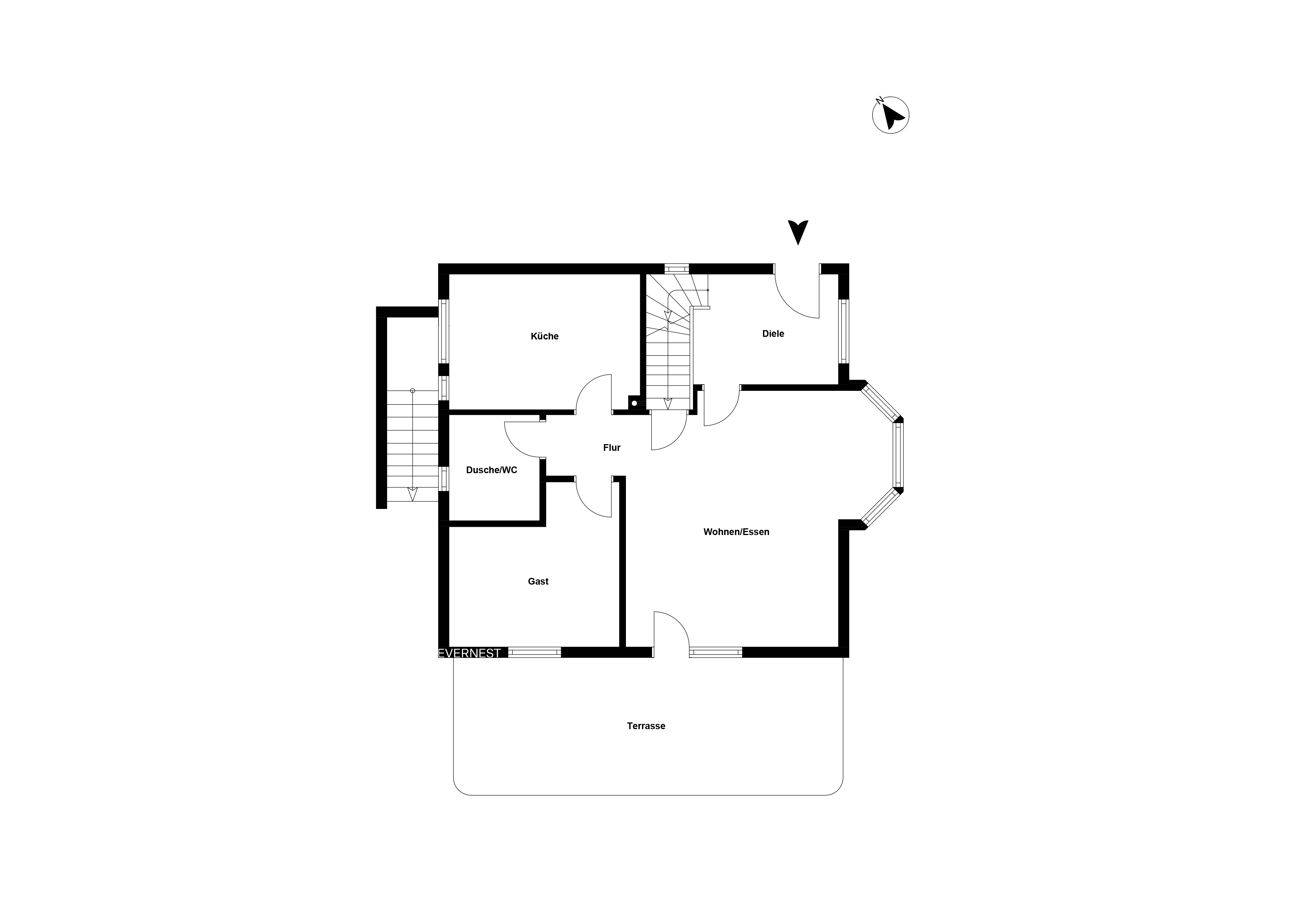 Grundriss einer Wohnung mit Küche, Wohnzimmer, Gästezimmer, Bad und Terrasse.