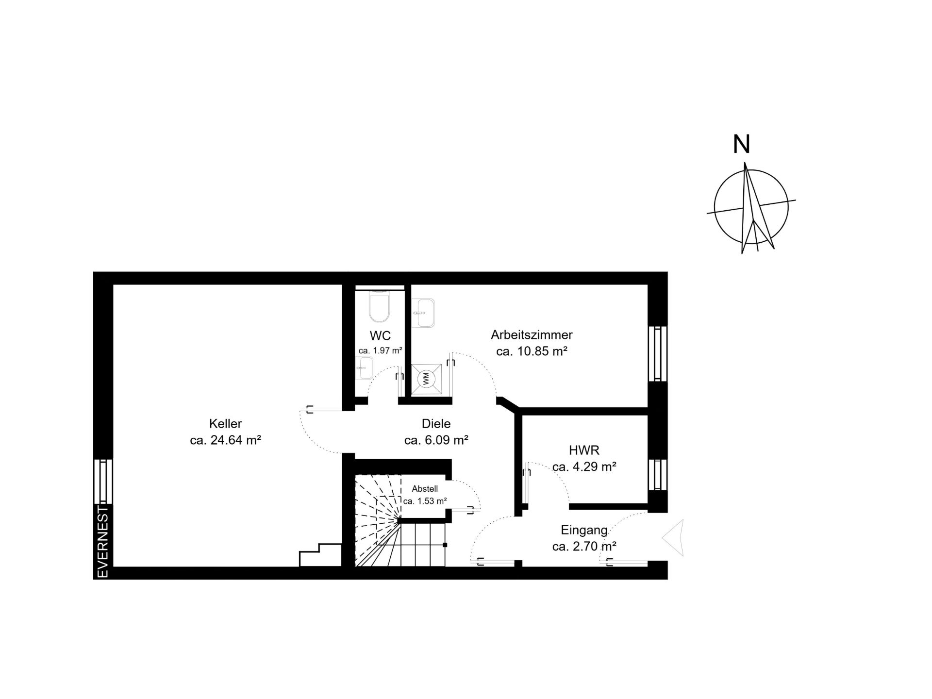 Grundriss mit Keller, Arbeitszimmer, WC, Diele, HWR, Abstellraum und Eingang, Räume mit Maßen beschriftet.