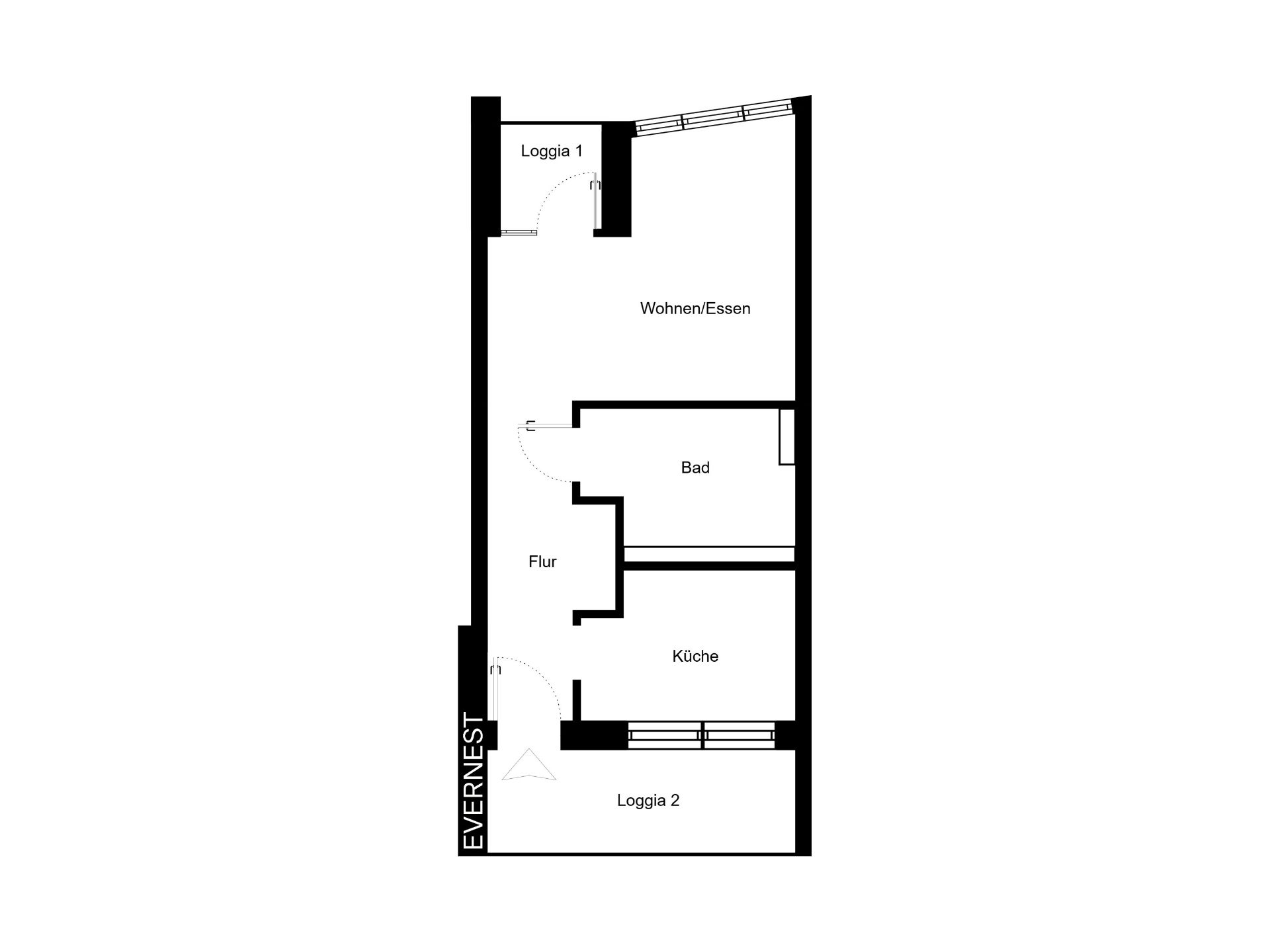 Grundriss einer Wohnung mit Wohnzimmer, Bad, Küche, Flur und zwei Loggien.