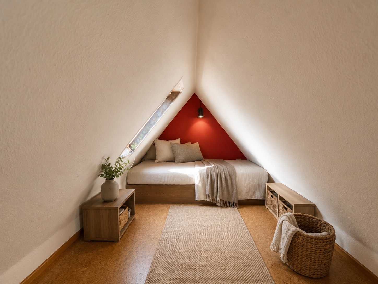 Gemütliches Dachzimmer mit Bett, roter Akzentwand, Holzregalen und schrägem Fenster.