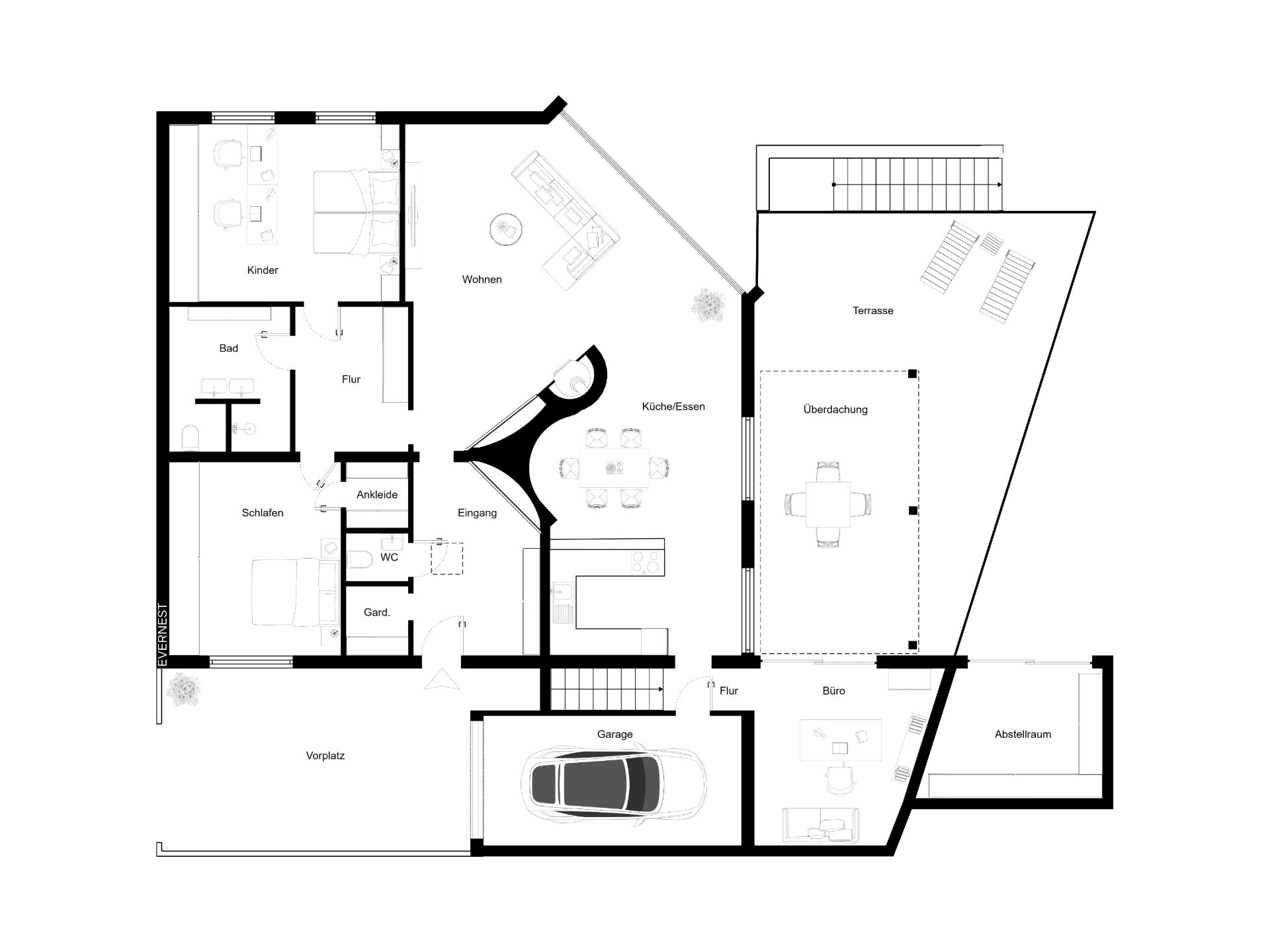 Grundriss eines Hauses mit Zimmern, Küche, Bad, Garage, Terrasse und Arbeitsraum.