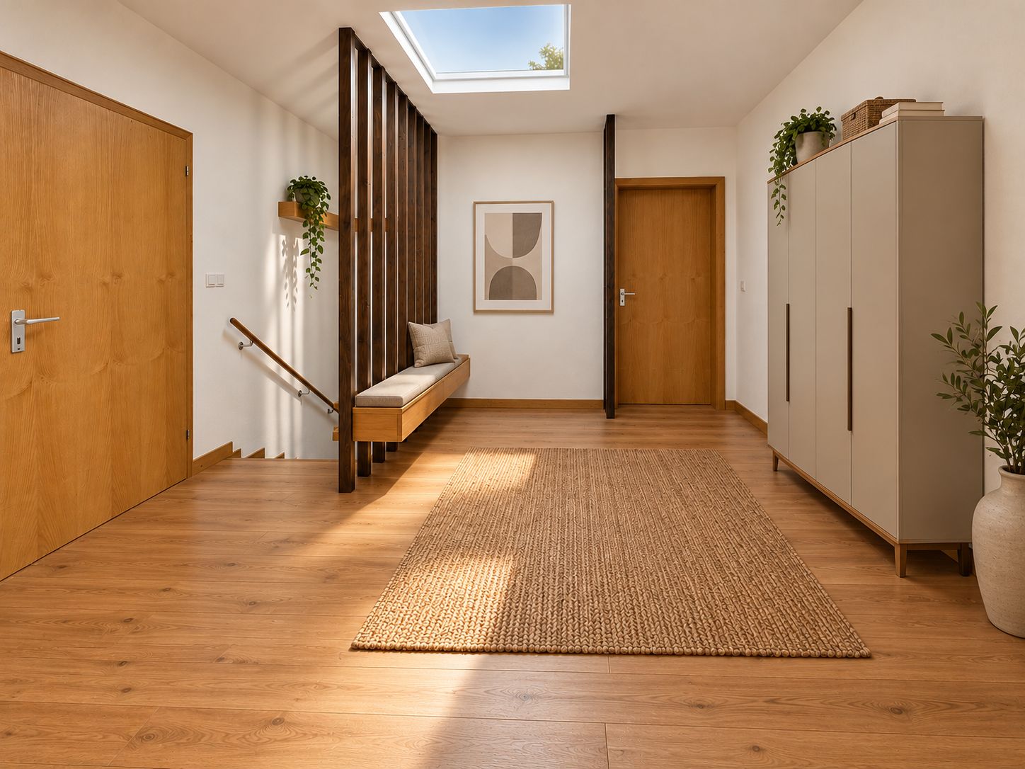 Heller Flur mit Holzfußboden, Teppich, Bank, Garderobenschrank und Dachfenster.
