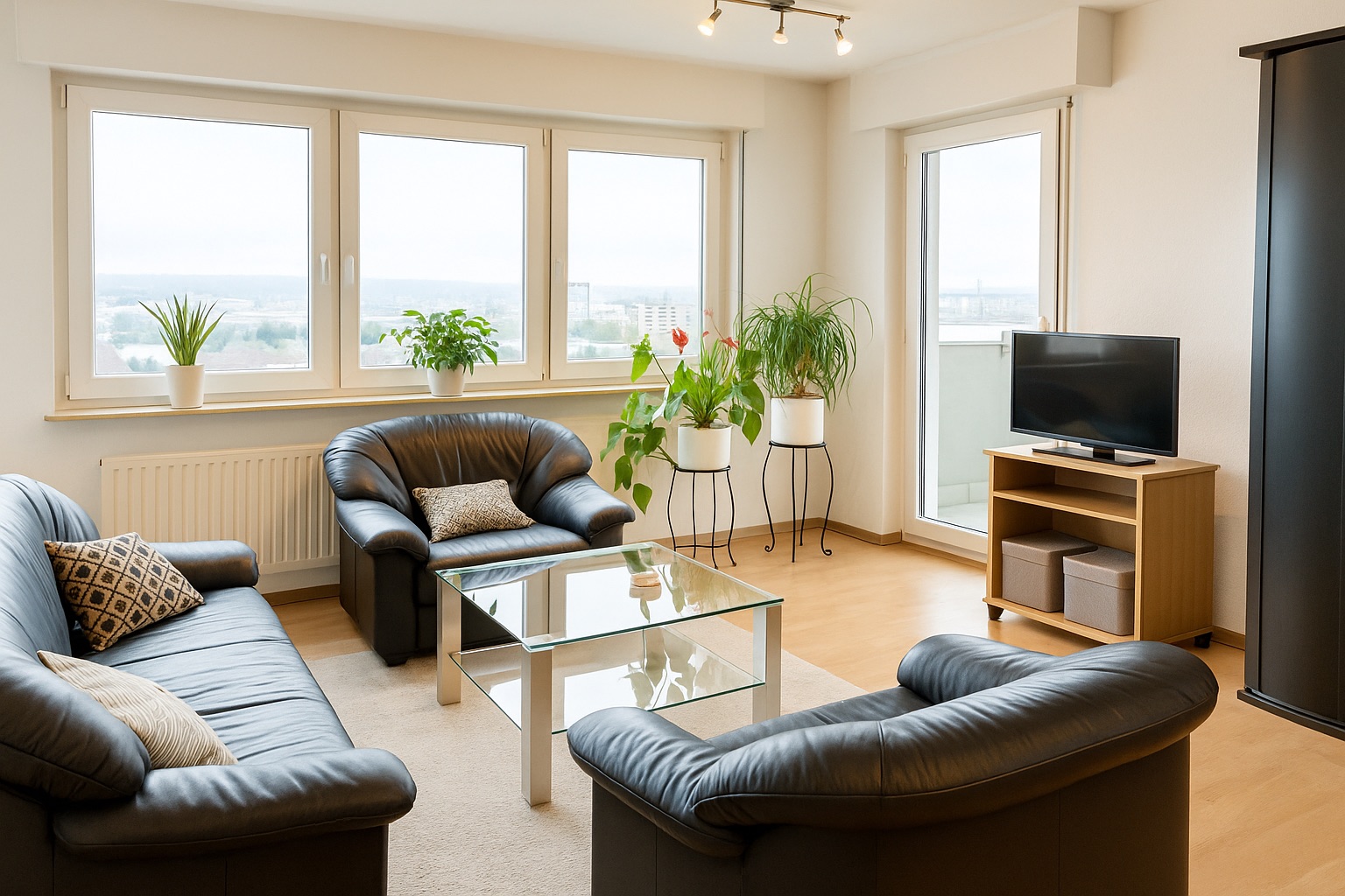 Wohnzimmer mit Ledersofas, Glastisch, Fernseher, großen Fenstern und Zimmerpflanzen.