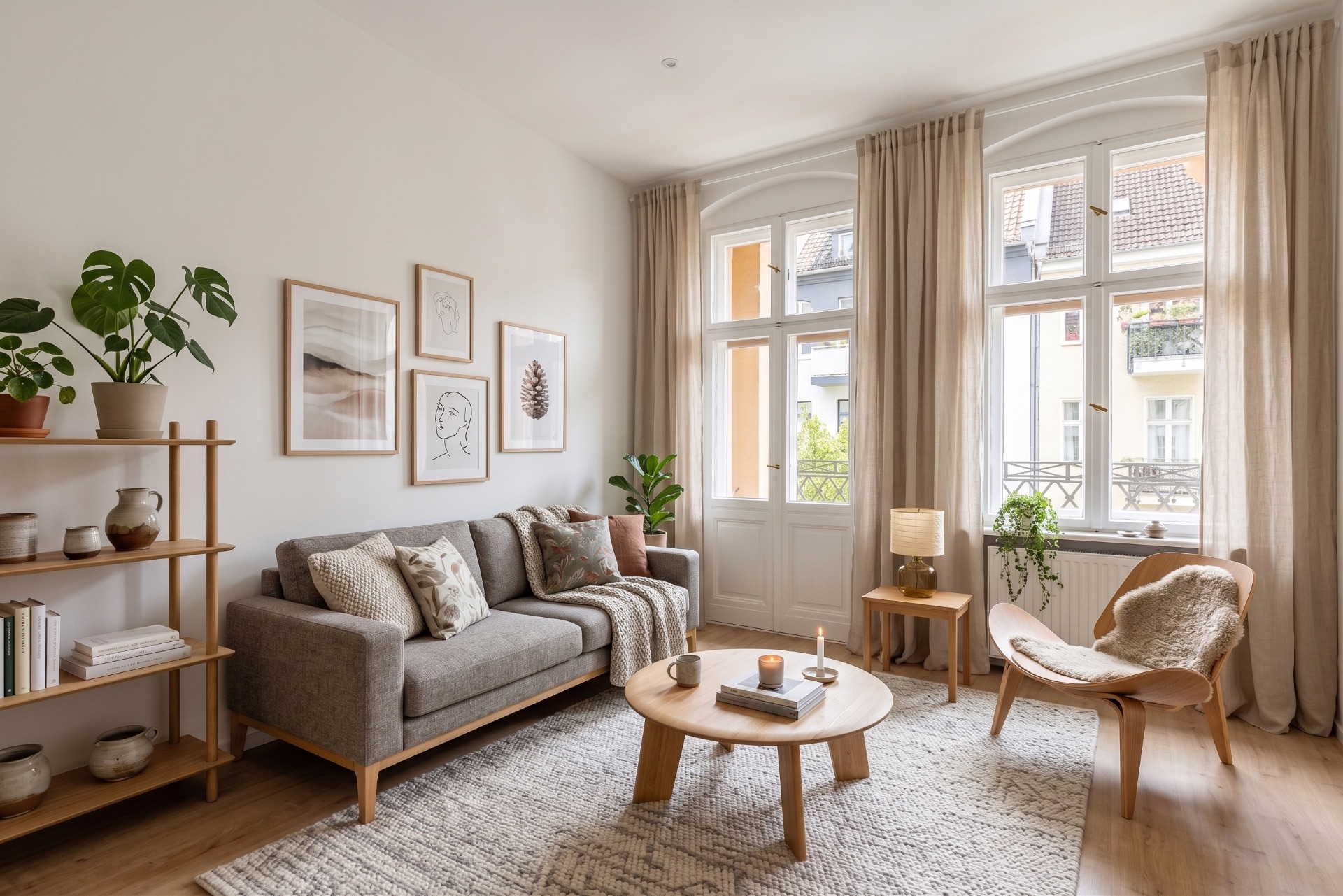 Helles Wohnzimmer mit grauem Sofa, Holzregal, Couchtisch und großen Fenstern mit beigen Vorhängen.