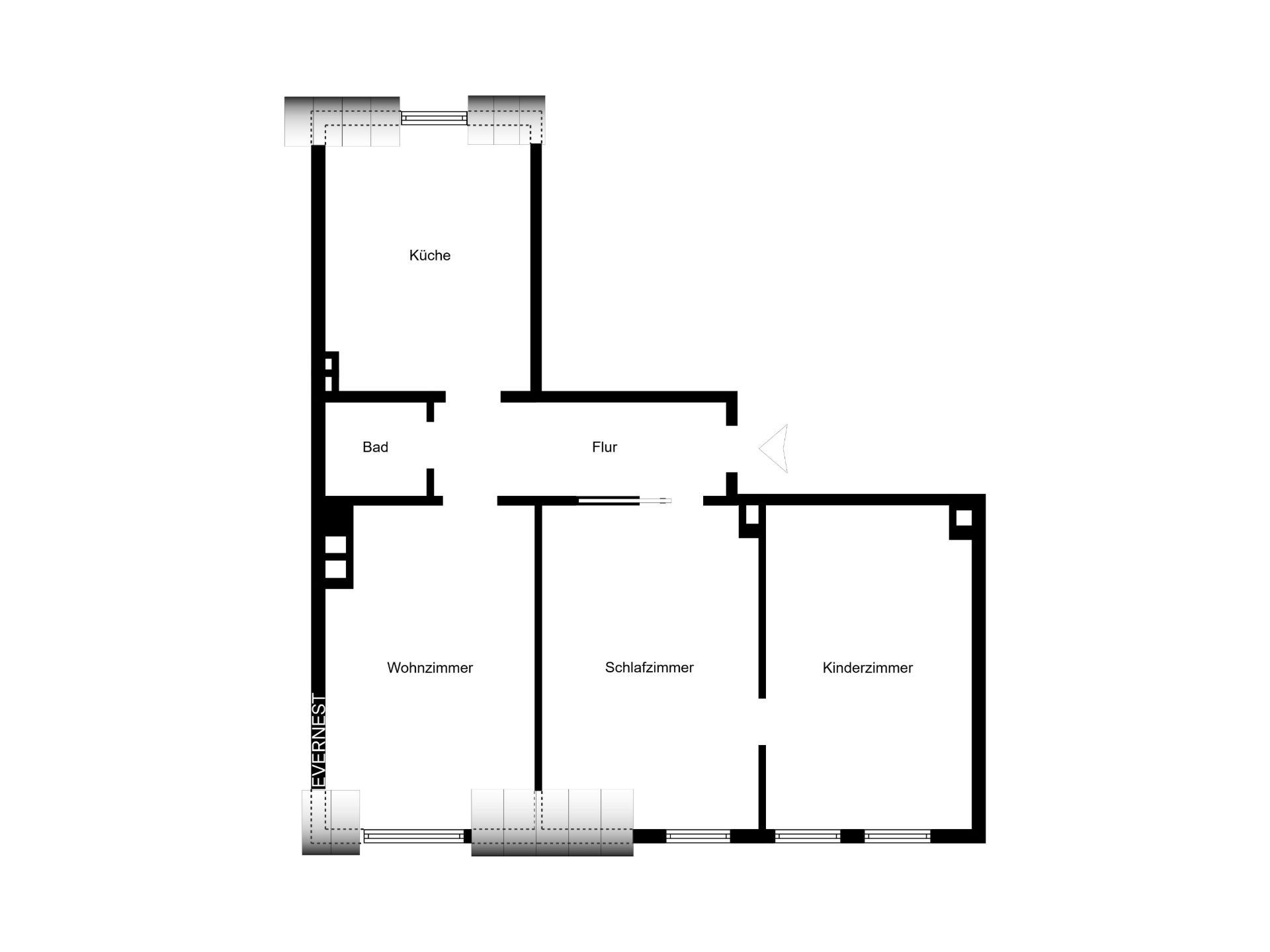 Grundriss einer Wohnung mit Küche, Bad, Wohnzimmer, Schlafzimmer, Kinderzimmer und Flur.