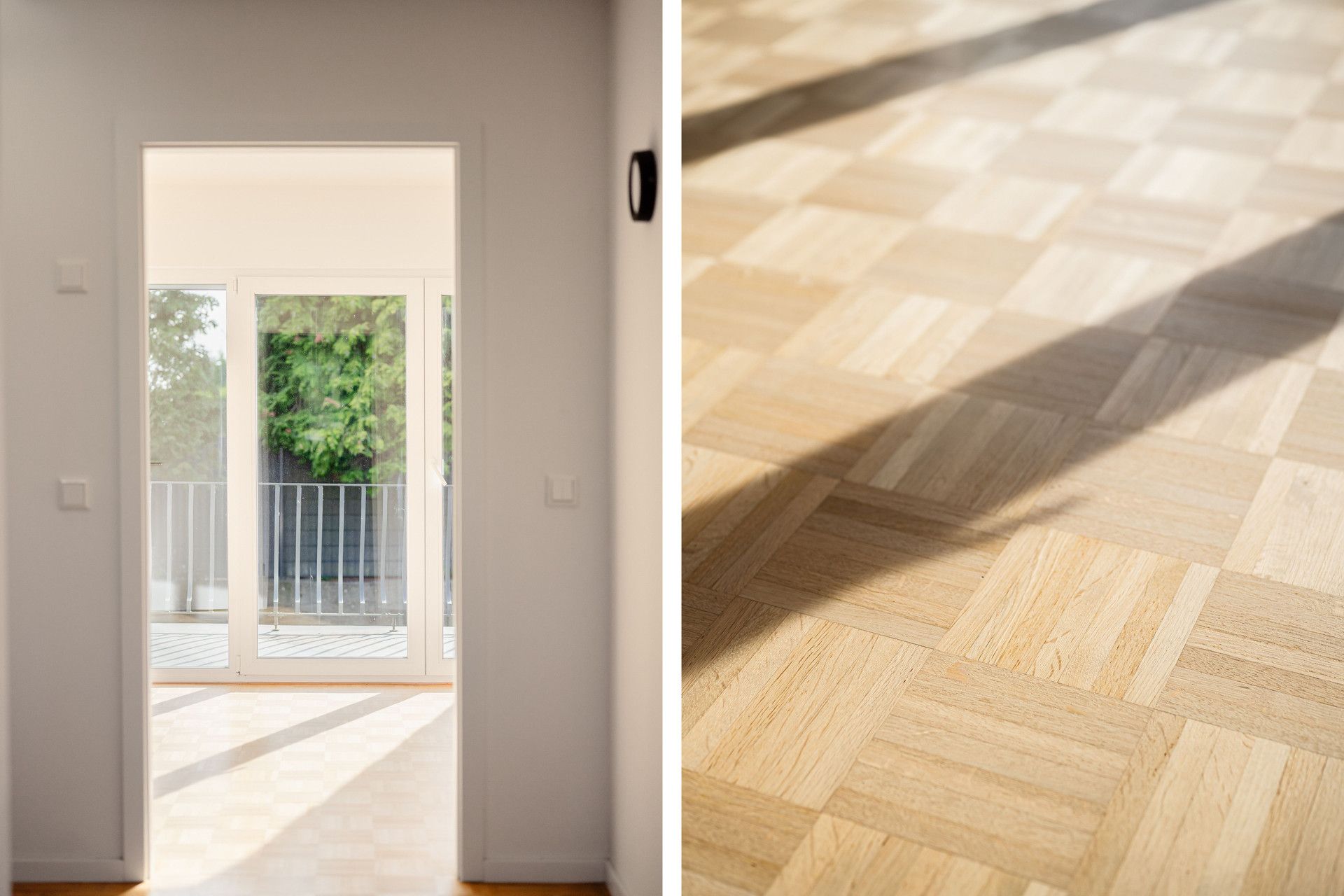 Wohnraum mit Blick auf Balkon und Parkettboden, Sonnenlicht fällt ins Zimmer.