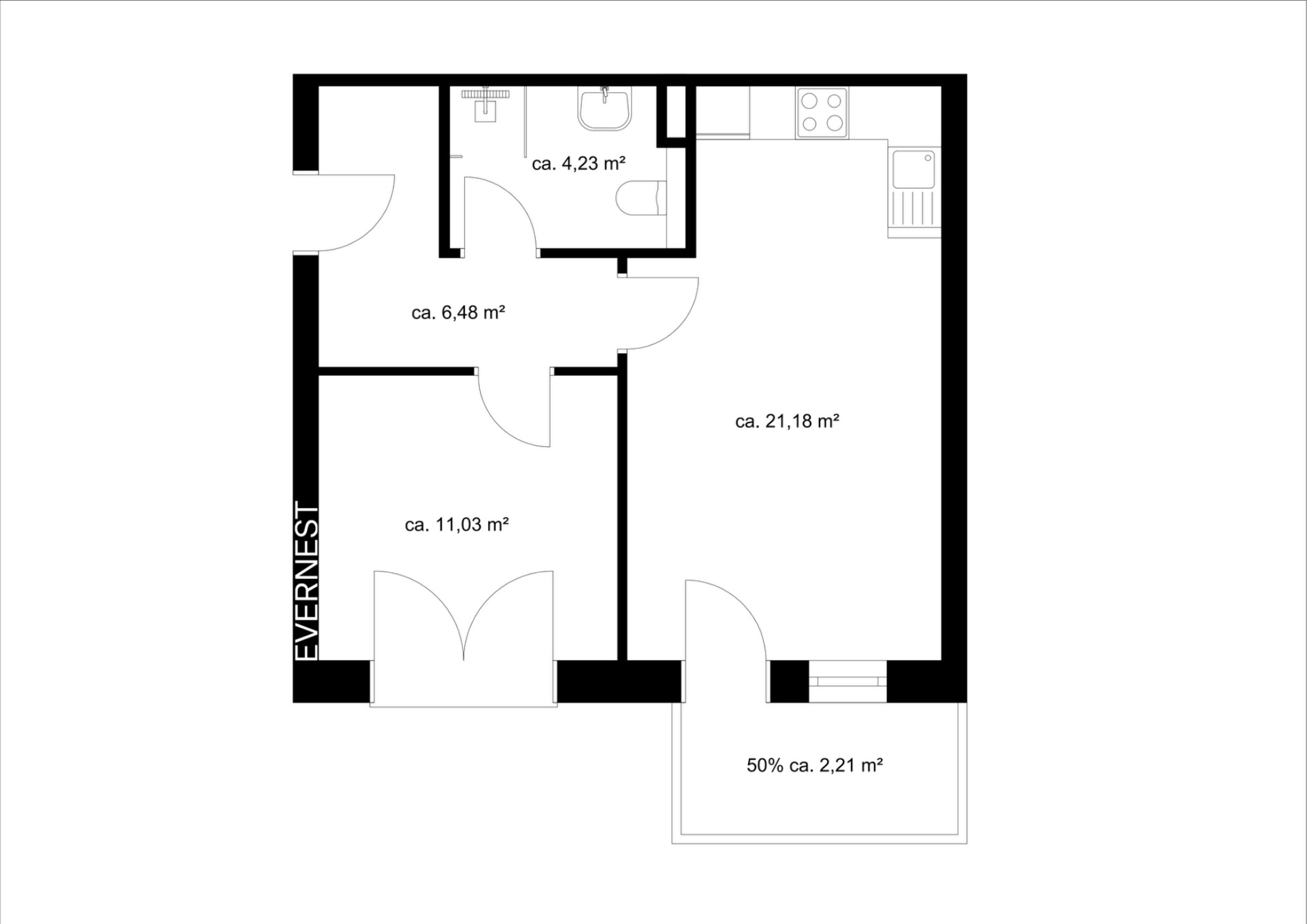 Grundriss einer Wohnung mit ausgewiesenen Flächen in Quadratmetern.