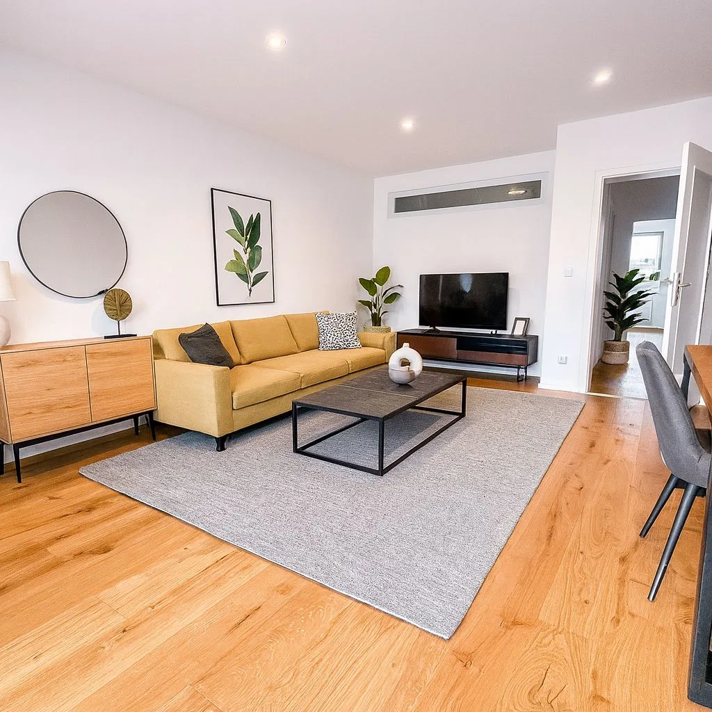 Modernes Wohnzimmer mit gelbem Sofa, Teppich, Fernseher und Holzboden.