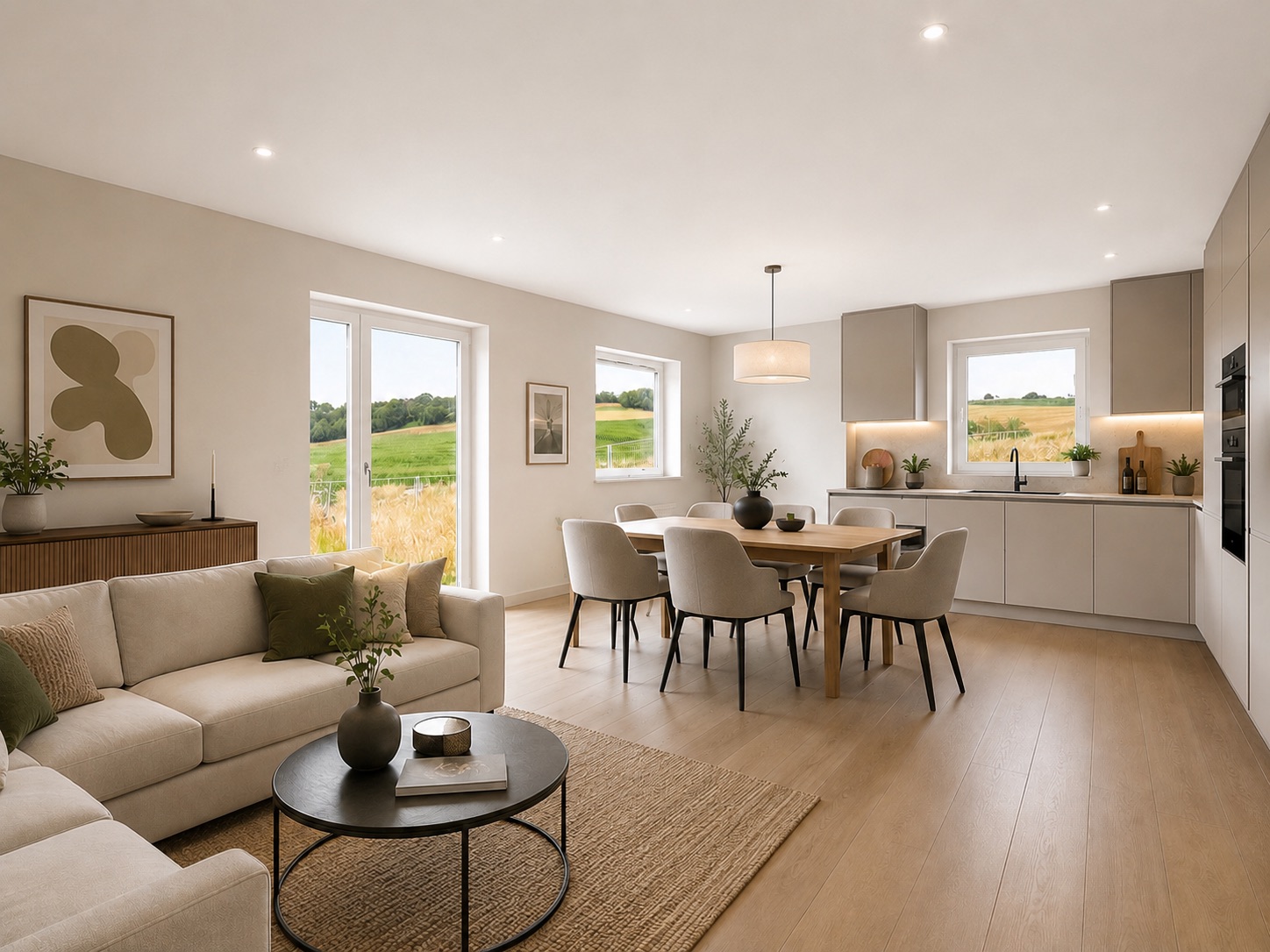 Helles Wohnzimmer mit Sofa, Esstisch, offener Küche und großen Fenstern mit Blick ins Grüne.